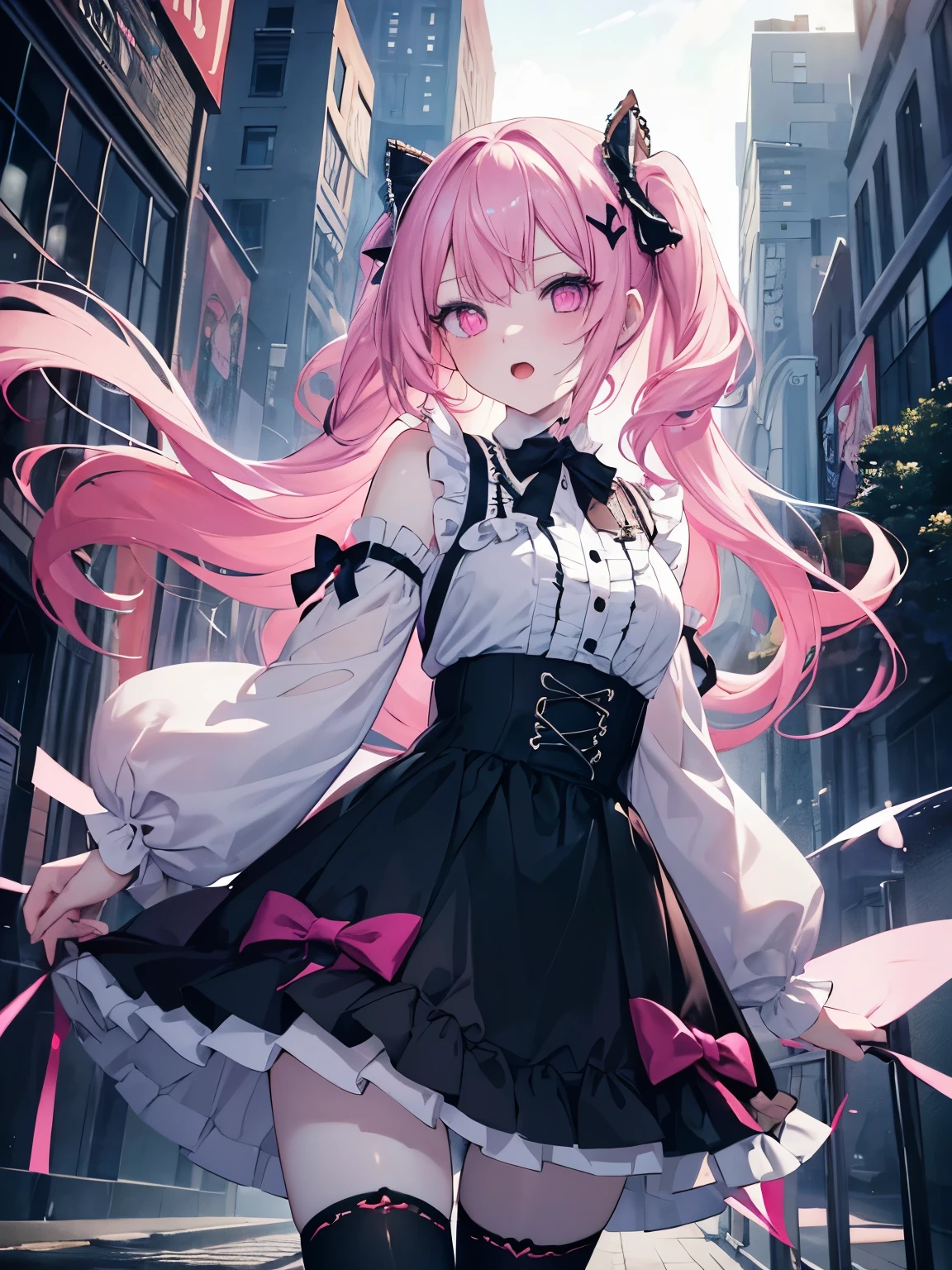 masutepiece, Highest Quality, (Perfect face:1.1), (high detailing:1.1), (ultradetailed eyes), Dramatic, superfine illustration, Extremely detailed,1girl in, teenager,(pale skin), Happy, Laugh, Enjoy,gloweyes,long pinkhair,pink eyes,Ethereal eyes,open mouth,Solo,Pouty lips,Cinematic lighting,looking up,Long sleeve,Gothic lolita, frilld, bow ribbon,knee high socks, Hold the hem of the skirt