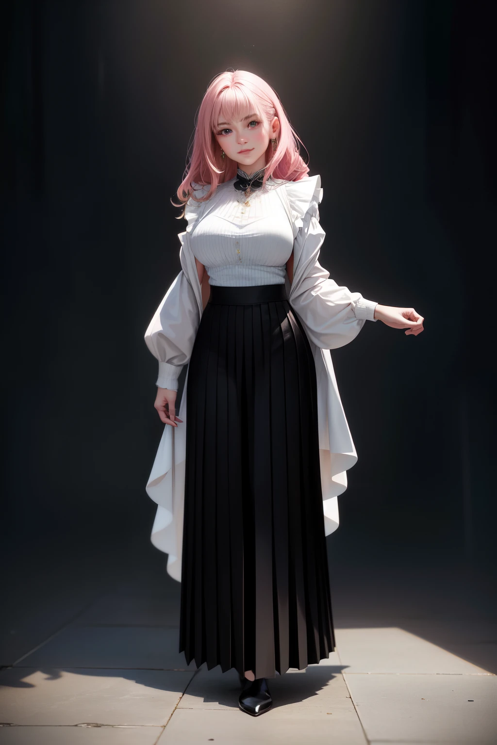 Original photo of a woman with exquisite details, captured in best quality, showcasing a full body image. Posed confidently in 8k ultra high definition, the woman dons a pink pure cotton vest and a black pleated skirt. The high quality DSLR photograph exhibits realistic photo fidelity (1.3), featuring super detailed textures and subtle film particles (1.4). A masterpiece of photography, this super detailed portrait highlights the woman's charming grin while standing gracefully.