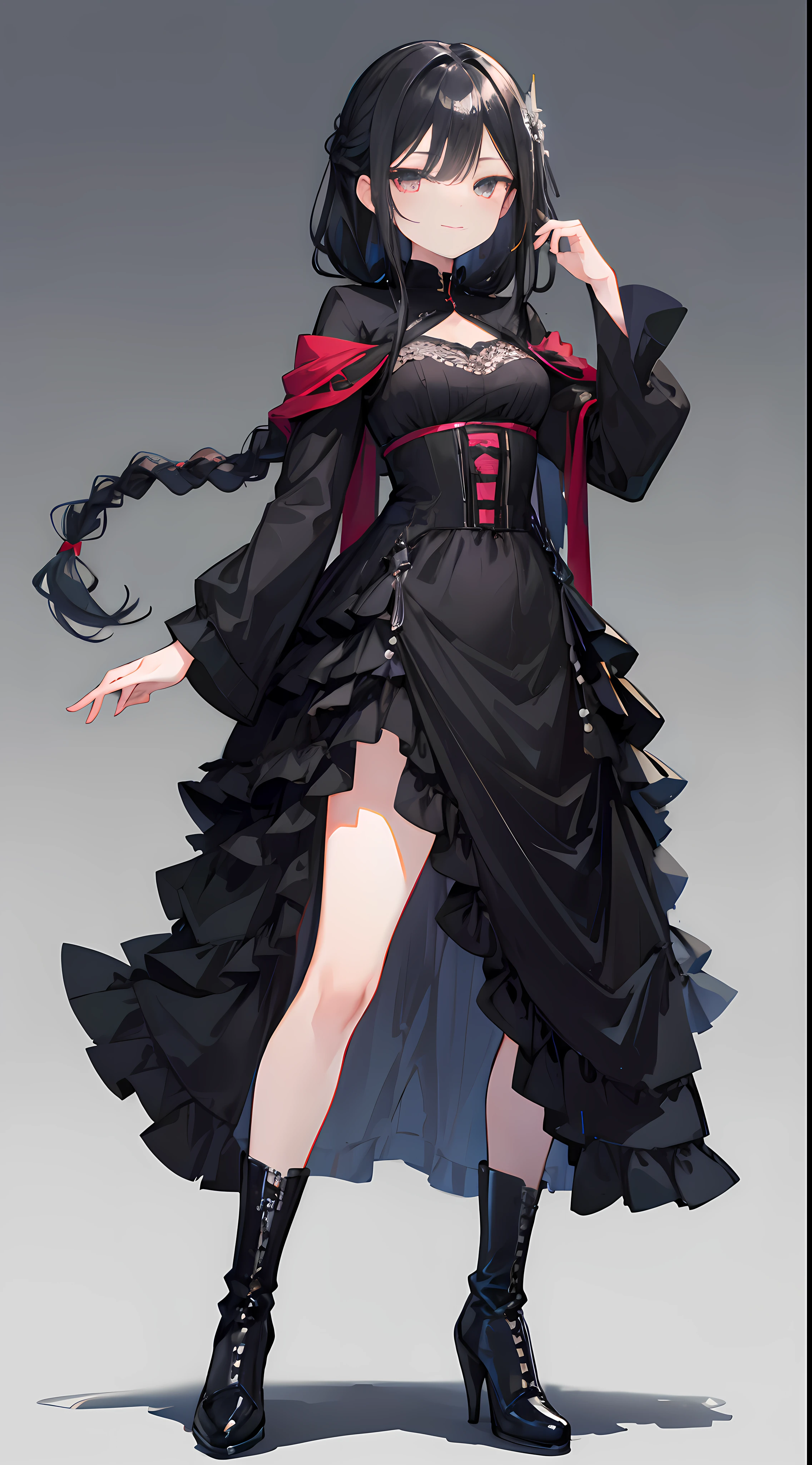 Gorgeous black wedding dress，Solitary，Face perspective，little girl，Change，Gorgeous black shawl，Black Haishtail braided hairstyle，Black eyes，Smile，Black high heel boots，standing posture，Stretch your right leg forward，White background,Simple background