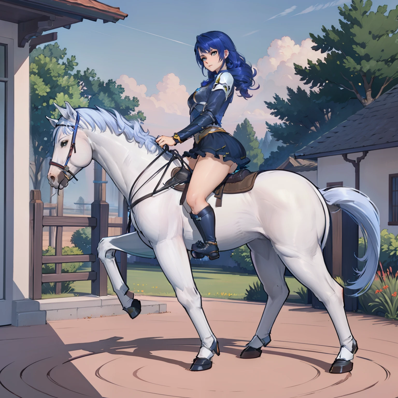 ((best quality)), ((anime masterpiece)), (detailed), 8k, perfect face, female knight, from side, long hair, female knight, (blue armor, blue miniskirt, blue boots), horseback riding, horse riding, solo, (white horse, saddle, stirups, reins: 1.5), walking: 1.5, forest, scenery, from side: 1.5, anatomically correct, trails