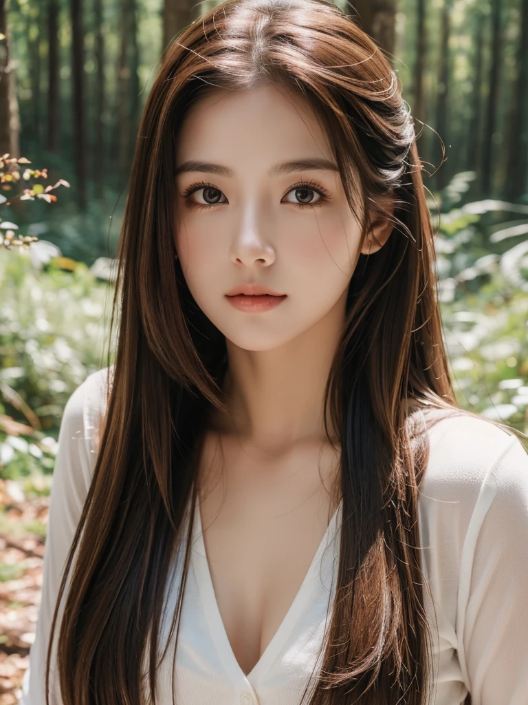 best qualtiy, masterpiece, (realistic:1.6), raw photograph, 1girl, half  body, deep shading, low tune, soft light, looking to the camera, Sexy look, long brown hair, day outdoor, forest background, deers,

