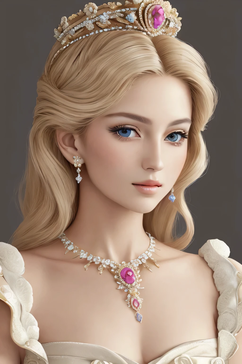 tmasterpiece,Highest image quality,Beautiful bust of a royal lady,Delicate blonde hairstyle,Embellished with brilliant and intricate floral jewelry,super detailing,upscaled。