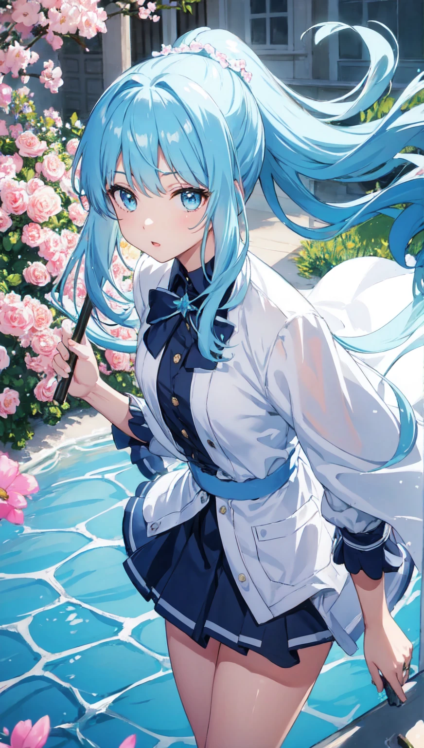 (masterpiece), (highest quality), (Super detailed),(Disheveled Hair),(figure), (One girl), (Fashionable clothes), Are standing, Fashion Model, View your viewers, (interview), (Simple Background),Beautiful fine details, Delicate and beautiful face, floating,(High saturation),(Colorful splashes),Colorful bubbles,(The Shining), Focus on the face, ponytail, kamisato ayaka, Light blue hair, bangs, Hair Ring, Floating Flowers, Floating hair, (The Shining), Best lighting, Best Shadow,