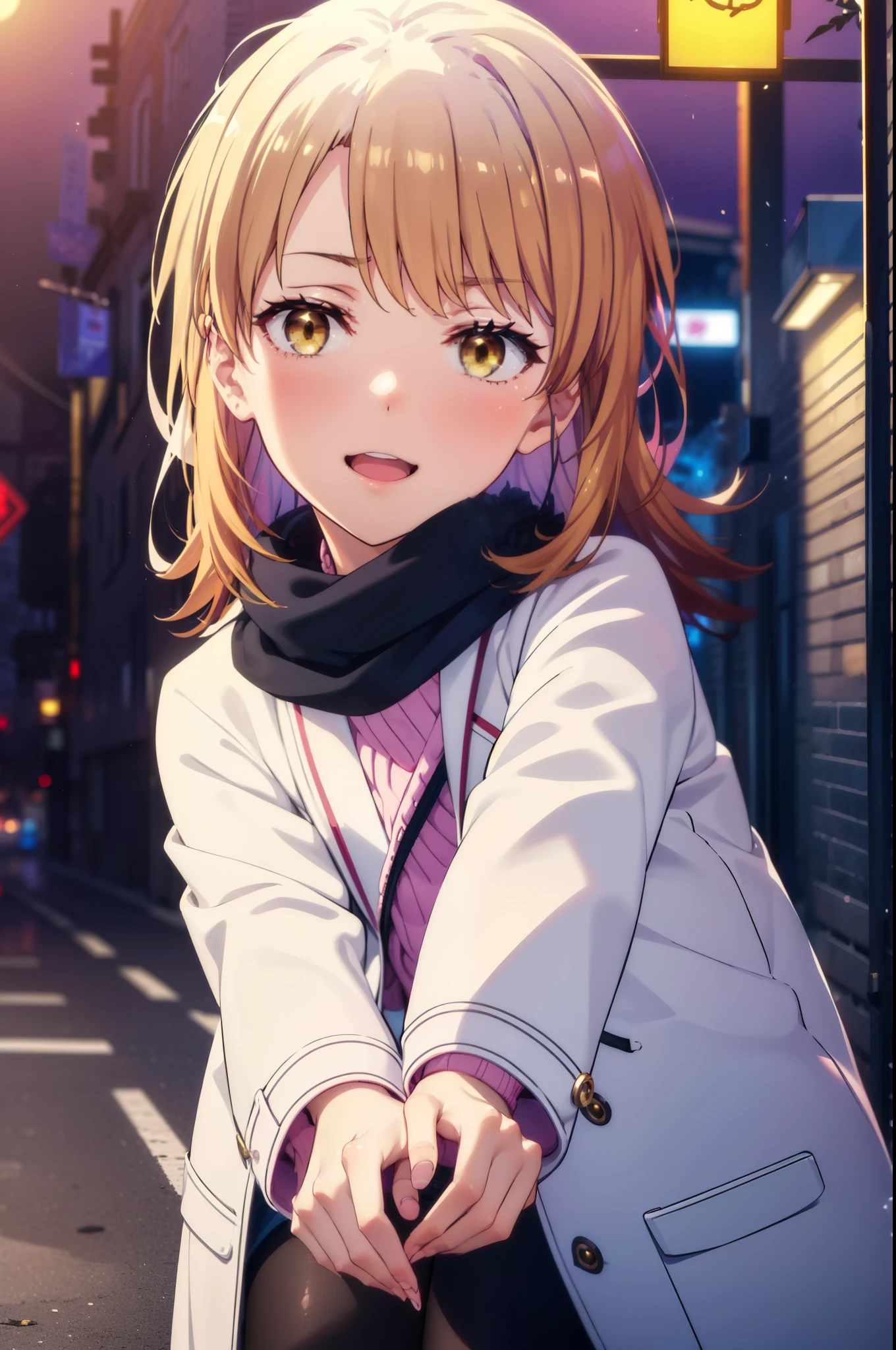 irohaisshiki, Iroha Isshiki, Long Hair, Brown Hair, (Brown eyes:1.5), blush,White Breath,happy smile, smile, Open your mouth,Pink coat,White scarf tokkuri sweater,Black pantyhose,Mini Boots,moon,It's snowing,Snow is falling,night,寒空
break ourdoors, In town,
break looking at viewer,whole body,(Cowboy Shot:1. 5)
break (masterpiece:1.2), highest quality, High resolution, unity 8k wallpaper, (figure:0.8), (Beautiful fine details:1.6), Highly detailed face, Perfect lighting, Highly detailed CG, (Perfect hands, Perfect ???????),