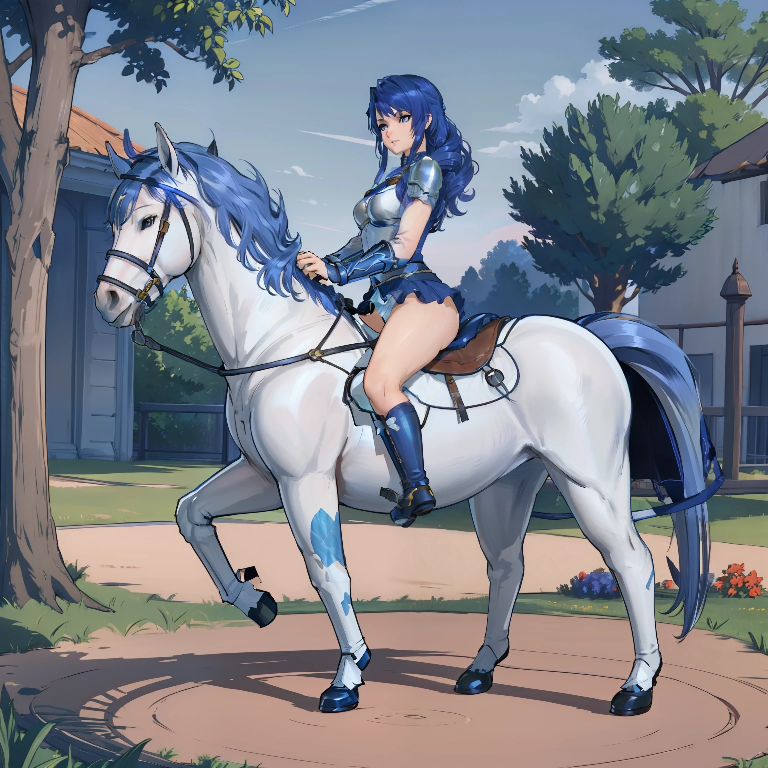 ((best quality)), ((anime masterpiece)), (detailed), 8k, perfect face, female knight, from side, long hair, female knight, (blue armor, blue miniskirt, blue boots), horseback riding, horse riding, solo, (white horse, saddle, stirups, reins: 1.5), walking: 1.5, forest, scenery, from side: 1.5, anatomically correct, trails