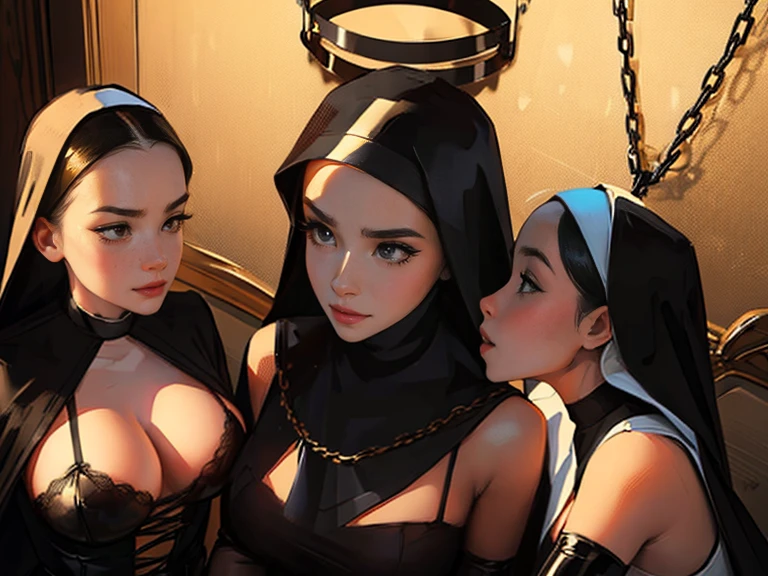 Dynamic shot, ((3 females)), A picture of 2 beautiful succubus dominating 1 sexy nun on a leash, ((2 demon females and a nun)), female domination, nun, demons, beautiful succubuses, horror, dark, sexy, rough domination, domination, nun on a leash, bdsm, golden chains,(golden leash), collar, beautiful bodies, slim, horror style, highly detailed faces, stockings, (silk lingerie, stockings), leather tight boots, sharp camera angle , closeup, blue background, volumetric shadow