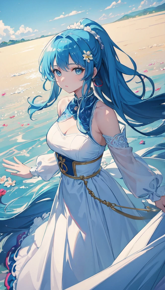 (masterpiece), (highest quality), (Super detailed),(Disheveled Hair),(figure), (One girl), (Fashionable clothes), Are standing, Fashion Model, View your viewers, (interview), (Simple Background),Beautiful fine details, Delicate and beautiful face, floating,(High saturation),(Colorful splashes),Colorful bubbles,(The Shining), Focus on the face, ponytail, kamisato ayaka, Light blue hair, bangs, Hair Ring, Floating Flowers, Floating hair, (The Shining), Best lighting, Best Shadow,