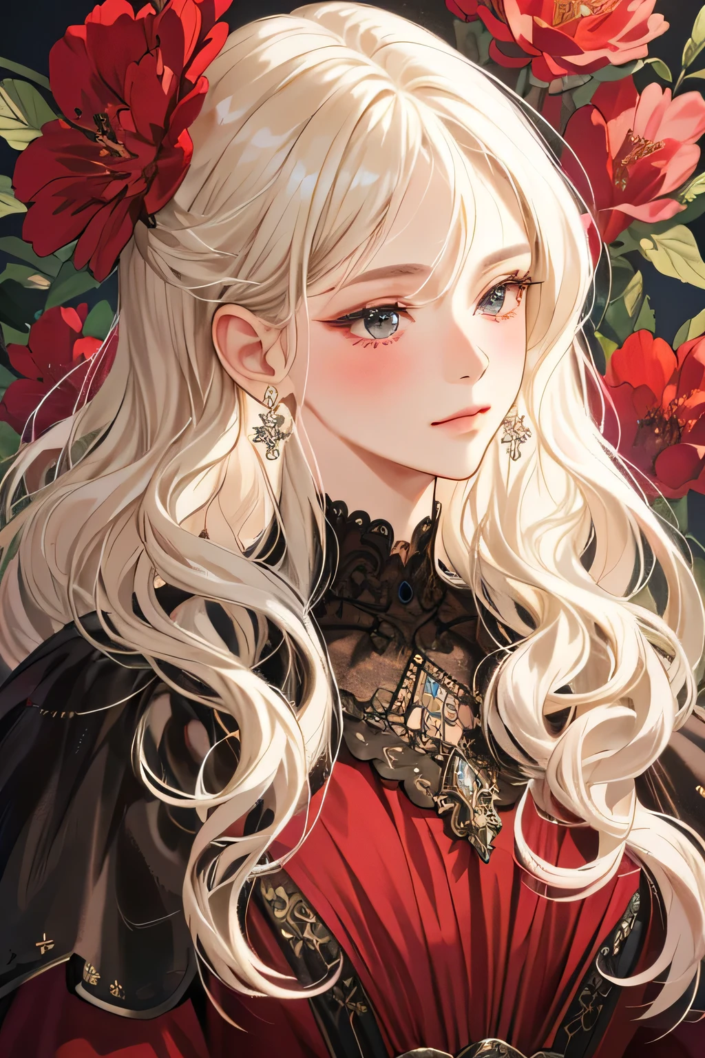 (extreamly delicate and beautiful:1.2), 8K,(masterpiece:1.0),(best_quality:1.0), 1 girl, and intricate detailing, Enlarged textures, and intricate detailing, finely eye and detailed face, and intricate detailing, shiraga, platinum blonde long curl hair, (closed mouths), Perfect eyes, Equal eyes, black eyes (A famale god) classic red dress modern, look at camera, look 50 years old, blush