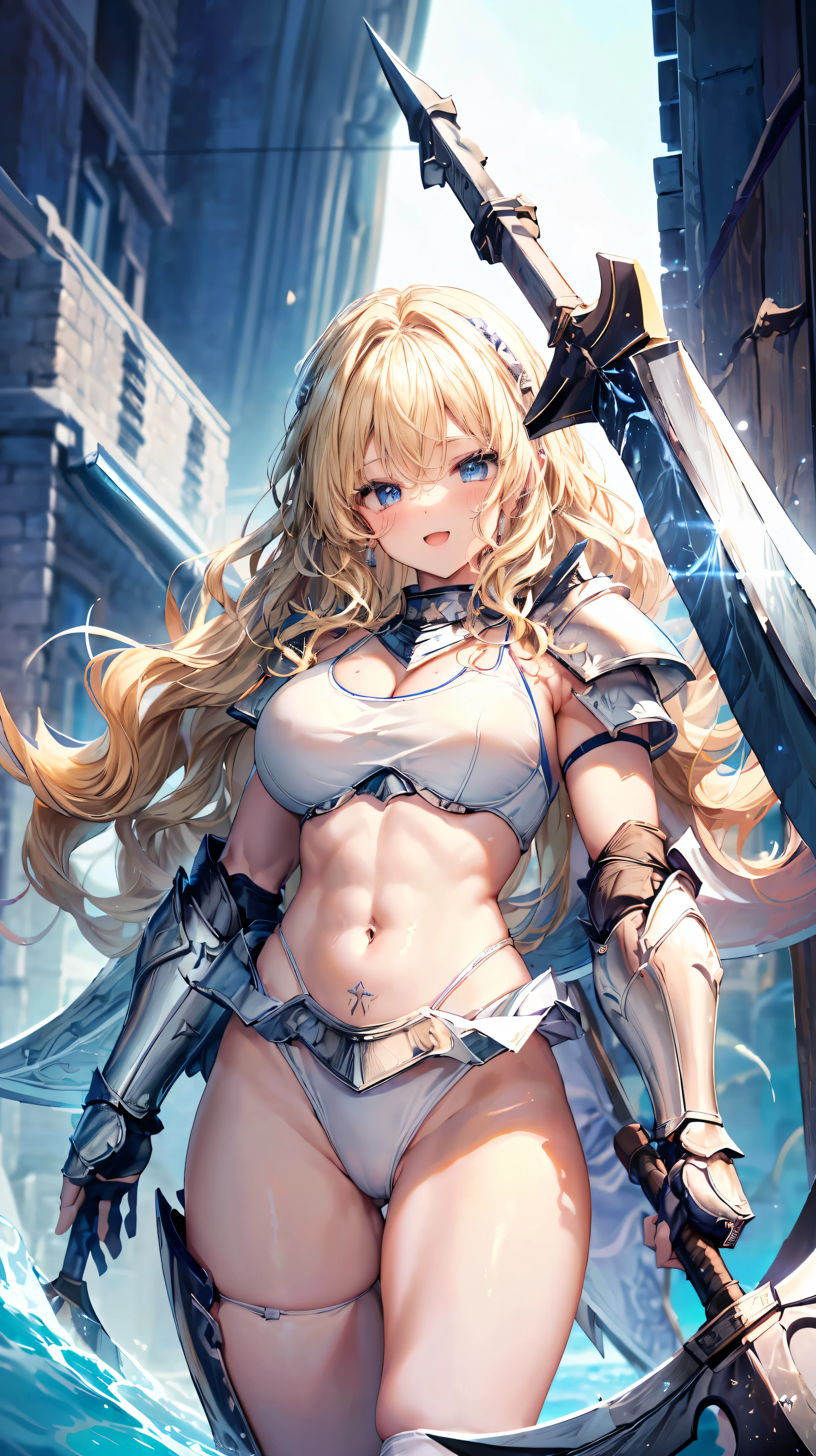 Very detailed、highest quality、Best image quality、masterpiece、8k、Anime Face、A kind smile、Open Mouth、Sparkling blue eyes、(Blonde wavy hair:1.5)、、Muscles of the whole body、camisole、Thigh belt、(Wearing white bikini armor:1.5)、(Cowboy Shot:1.5)、(Leg armor:1.5)、Wearing a helmet、(have a battle ax:1.5)