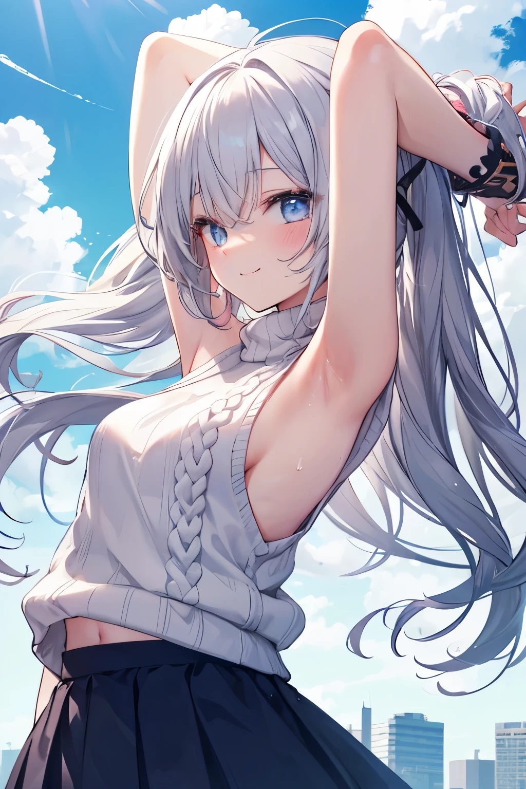 Silver-haired blue eyes、 girl、Twin tails、Laughter、Nico Nico Smile、Wink、 girl、Looks about 15 years old、Petan Musume、short、There are highlights in the eyes、Gal-like appearance、Wearing piercings、Knit sweater, sleeveless, body line, underarm、mini skirt、The wind is blowing and my panties are showing through my skirt、It was so hot that I sweated、blue sky、Light and cute、Show your armpits、Side view