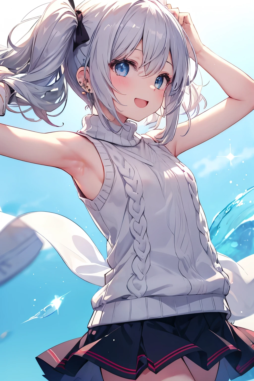 Silver-haired blue eyes、 girl、Twin tails、Laughter、Nico Nico Smile、Wink、 girl、Looks about 15 years old、Petan Musume、short、There are highlights in the eyes、Gal-like appearance、Wearing piercings、Knit sweater, sleeveless, body line, underarm、mini skirt、The wind is blowing and my panties are showing through my skirt、It was so hot that I sweated、blue sky、Light and cute、Show your armpits、Side view