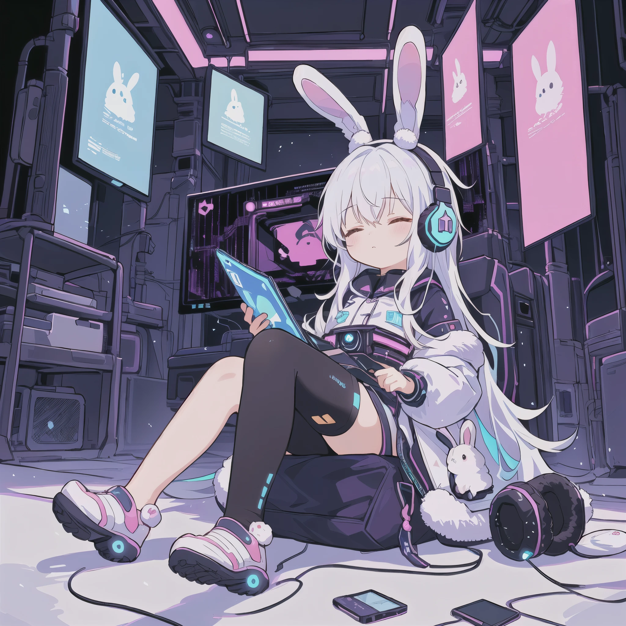 Spectacular, full body shot, vivid colors, Anime white-haired girl wearing sci-fi headphones,Wearing rabbit ears, cyberpunk outfit, AR vision, closed eyes and relaxing , Cute art style, Anime style 4k, one cute stuffed rabbit