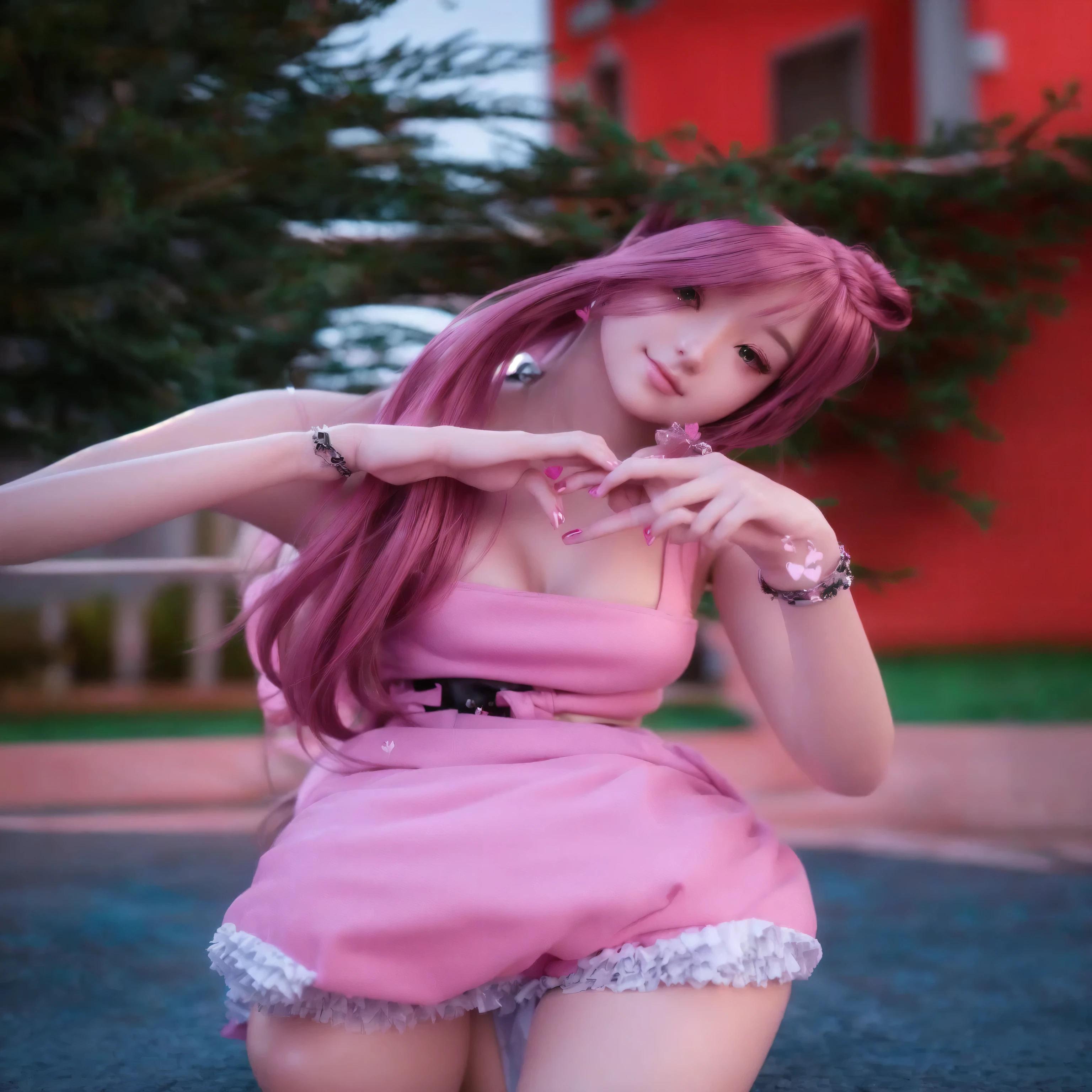 a close up of a person in a pink outfit making a heart sign, anime styled 3d, realistic anime 3 d style, 3 d anime realistic beautiful