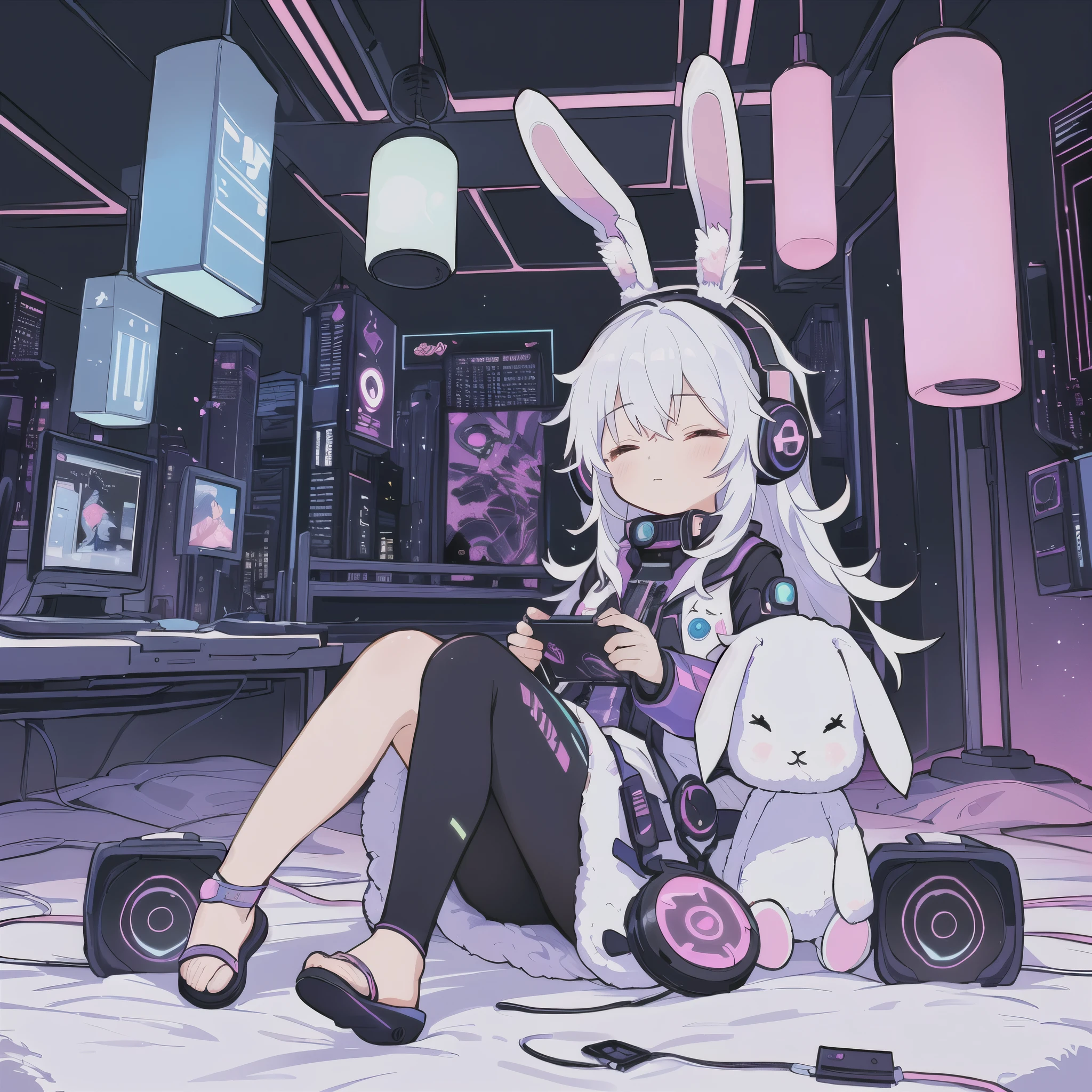 Spectacular, full body shot, vivid colors, Anime white-haired girl wearing sci-fi headphones,Wearing rabbit ears, cyberpunk outfit, AR vision, closed eyes and relaxing , Cute art style, Anime style 4k, one cute stuffed rabbit