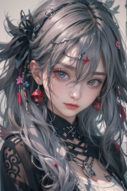 top-quality、8K、masterpiece:1.3、Gothic punk、Red inner color、A grey dark-haired、hair adornments、a beauty girl、creative、punk style、Neogos、Goth Fashion:0.8、hight resolution、masterpiece、top-quality、headw:1.3、((Hasselblad photo))、Fine-grained skin、Sharp Focus、(lighting like a movie)、shirt, shoulder out, modest chest together