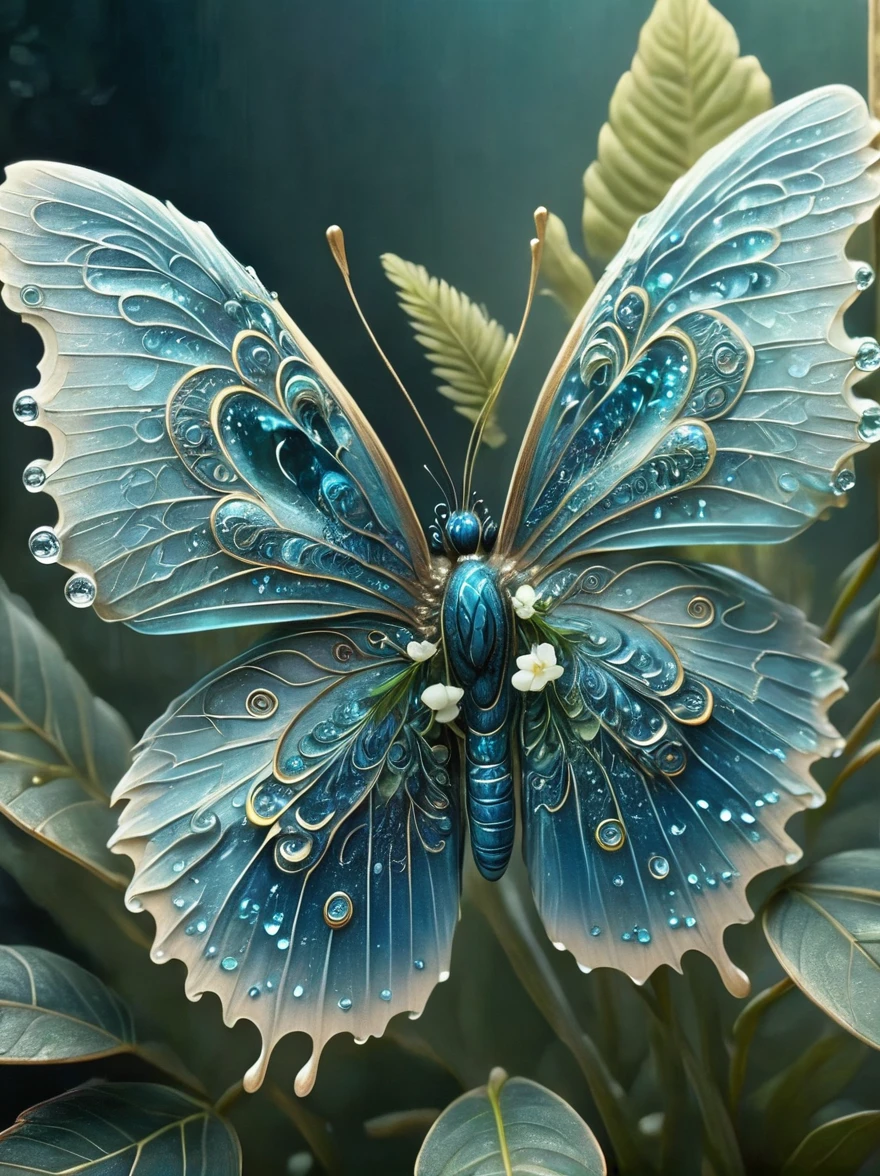 Transparent water drops，(Happy blue butterfly:1.5)，whole body，Dynamic posture，Background is green plants