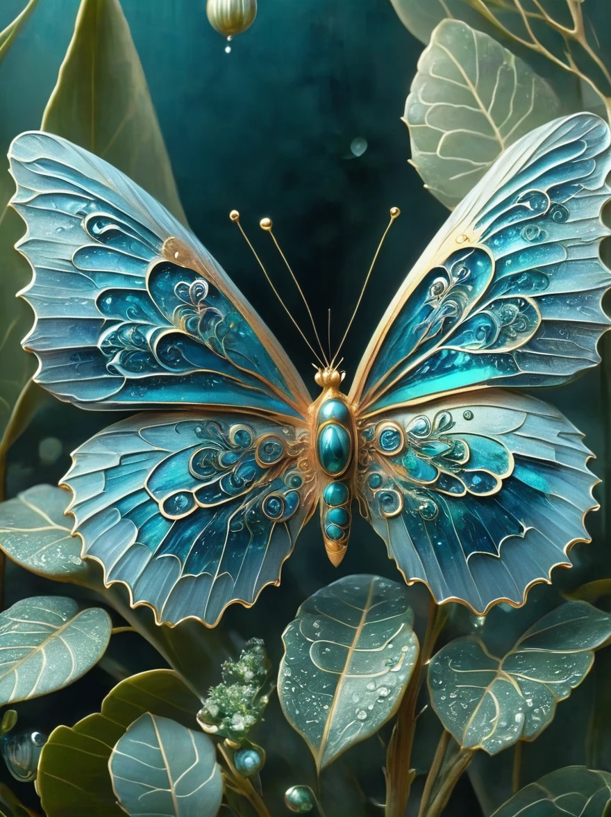 Transparent water drops，(Happy blue butterfly:1.5)，whole body，Dynamic posture，Background is green plants