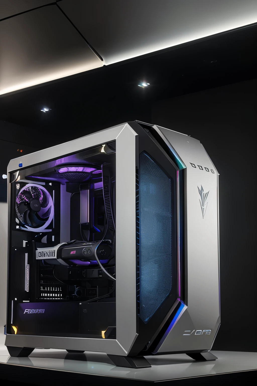 A torre do PC gamer de 2024 seria elegante e futurista, with an aerodynamic design and high quality materials, such as aluminum or even lighter and more durable alloys. Could feature customizable RGB lighting that can be synced with game effects or user preferences.
