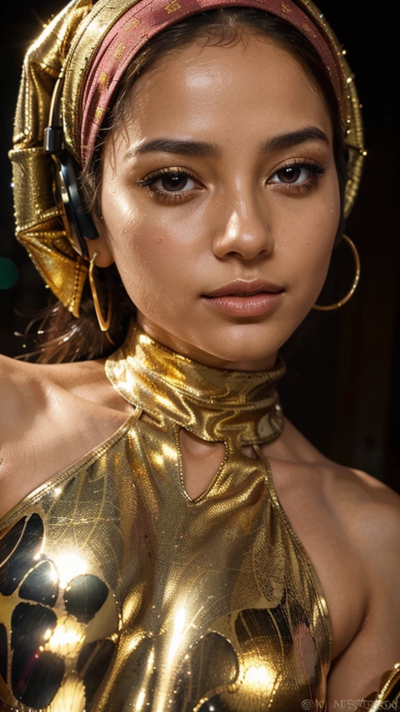A captivating Muslim woman, adorned with a headscarf and gleaming gold DJ headphones, is the subject of this entrancing abstract portrait. Her eyes are gently shut, and her lips are painted a striking crimson. The artist creates a dreamlike and captivating ambiance by masterfully blending a vivid color palette of blues, pinks, yellows, and oranges. The phoenix, a symbol of feminine power, is entwined with the woman in a passionate embrace, formed by flowing liquids. The woman's figure is meticulously constructed from a series of vibrant, interconnected multicolored stripes, resembling candy canes, adding depth and dimension to the artwork
This captivating close-up portrait focuses on a person's lips, reminiscent of macro photography by Tsutomu Nihei. The lips are meticulously coated with a metallic gold pigment that seems to drip down, forming tiny, reflective pools at the base. A powerful message adorns the bottom: "Your kind words are worth their weight in gold, so let them shine." The gold's reflective quality and realistic texture stand out against the dark background, emphasizing the intricate details of the lips.