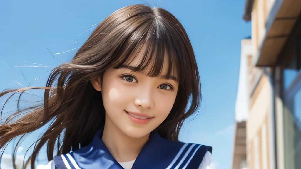 (Realistic: 1.4), (highest quality: 1.4), (Fine grain), Full body shot, ((Under the blue sky)), ((Looking Up)), ((One high school girl)), Black wavy hair, ((Sailor suit)), Wide eyes, Blushed face, ((smile)), Highly detailed face and skin texture, Healthy Skin, 8k resolution