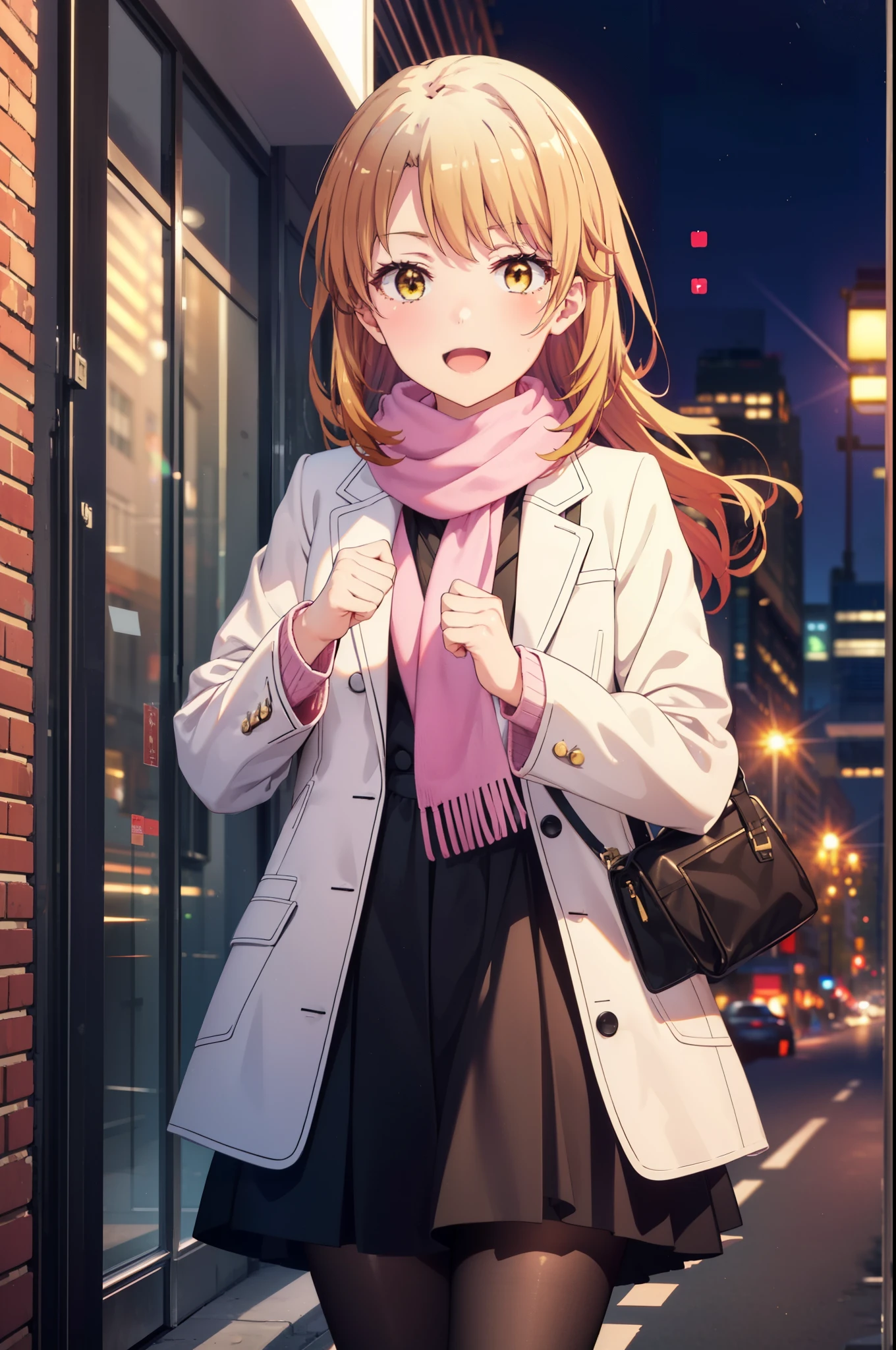 irohaisshiki, Iroha Isshiki, Long Hair, Brown Hair, (Brown eyes:1.5), blush,White Breath,happy smile, smile, Open your mouth,Pink coat,White scarf,Tokkuri Sweater,Black pantyhose,Long skirt,Mini Boots,moon,It&#39;s snowing,Snow is falling,night,寒空
break ourdoors, In town,
break looking at viewer,whole body,(Cowboy Shot:1. 5)
break (masterpiece:1.2), highest quality, High resolution, unity 8k wallpaper, (figure:0.8), (Beautiful fine details:1.6), Highly detailed face, Perfect lighting, Highly detailed CG, (Perfect hands, Perfect Anatomy),