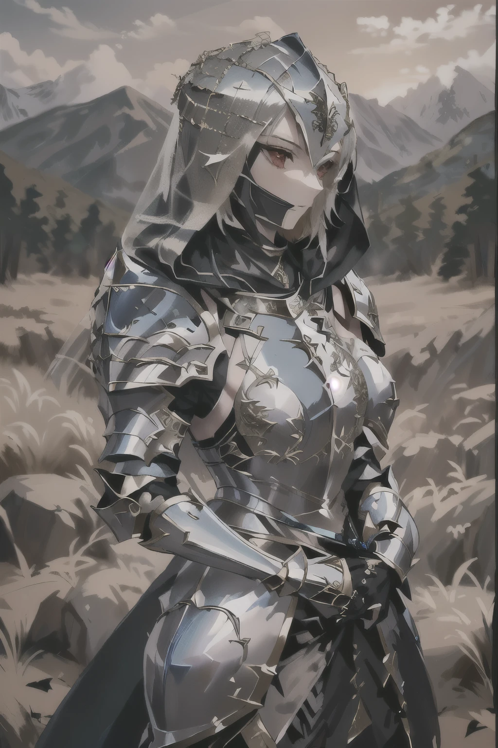 arafed woman in armor with a hood and a sword, girl in knight armor, of a beautiful female knight, beautiful female knight, female knight, bikini armor female knight, armor girl, beautiful armor, portrait knight female, stunning armor, female armor, very stylish fantasy armor, dressed in armor, covered in full metal armor, with sleek silver armor