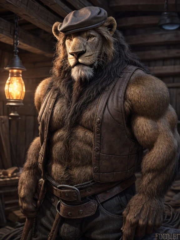 lion,uncle,male,Mature men,strong,White vest,Black pants,cap,miner outfit,lamp,Dark mine(Detailed background:1.2),High Detail, Film Photography, RAW Video, Practical, Analog style, best quality, ultra Practical, 8k, (through fiddler tarant),