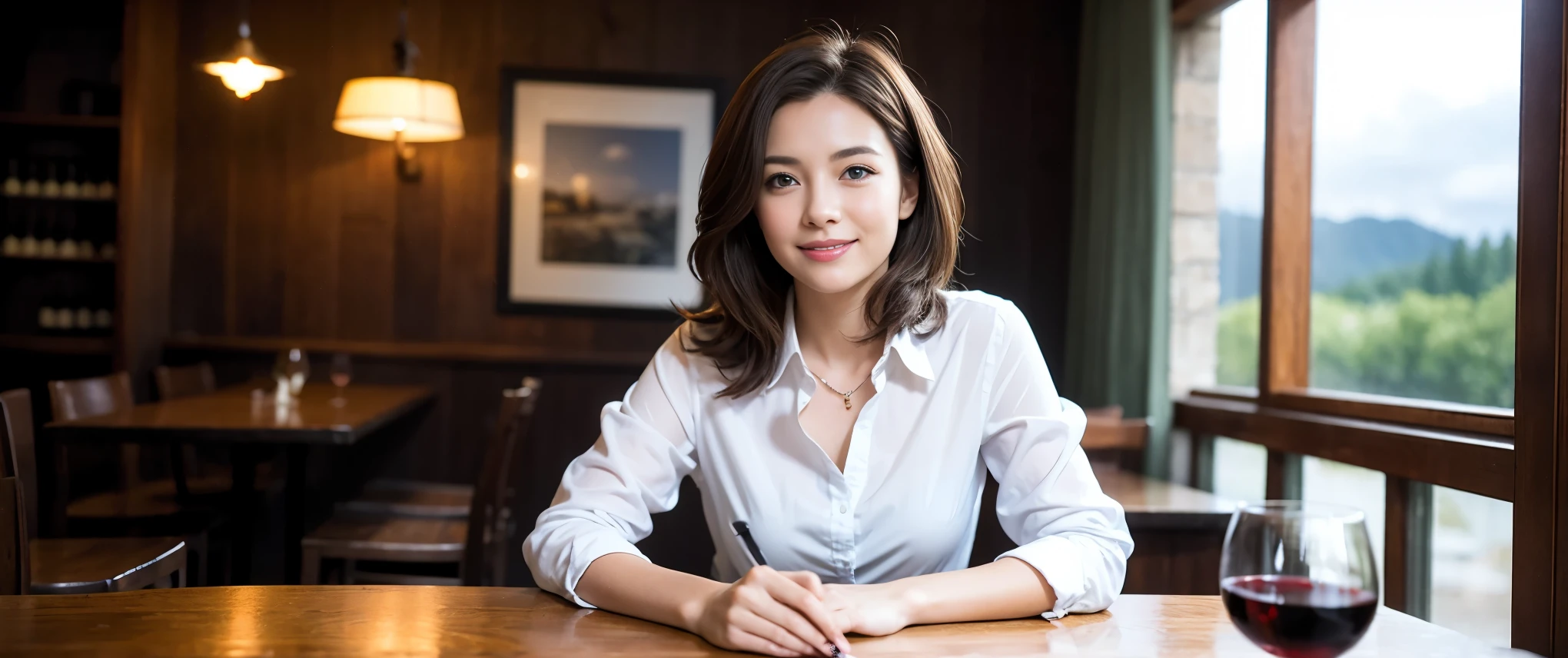 ((highest quality、8k、masterpiece:1.3))、Sharp focus:1.2、Beautiful woman perfect body:1.4、slimなボディ、((Bob Hale、Straight hair:1.2))、(to be born, highest quality, masterpiece:1.5), (Realistic, Intricate details:1.2), Ultra-high resolution, Please shine a light on my face、Amazing view of the sunset sky and clouds、Amazing mountain views、ニコニコ明るいsmile、wine glass、red wine 、Appetizers、Italian food、Wine bottle、Champagne、sparkling wine、, Beautiful Face, blue eyes, The light shines on your face, Blushing, short hair,Bright Face、Fox face、 (36 years old), 39 years old, Lady、Two beauties、Brown Hair、Shortcuts、Long sleeve shirt、dress、Pretty Woman 1, (slimな顔), (The body is slim), (Brown Hair), (Shortcuts), cheeks turn a little red,Attractive beauty、, Out of the window, A beautiful and detailed night view unfolds.........., restaurant, In a prominent place (From the waist up) Nova Frog Style, actress, model, Upper Body, White wine, slim, wine glass, 真ん中に置かれたwine glass, smile, (smile: 1.15), Beautiful fine grain, Depth f/2,saturation, High Contrast, Strong light and shadow,Moist Body:1.5、3D texture、Delicate eyes、Brown Hair、The hair is very shiny、