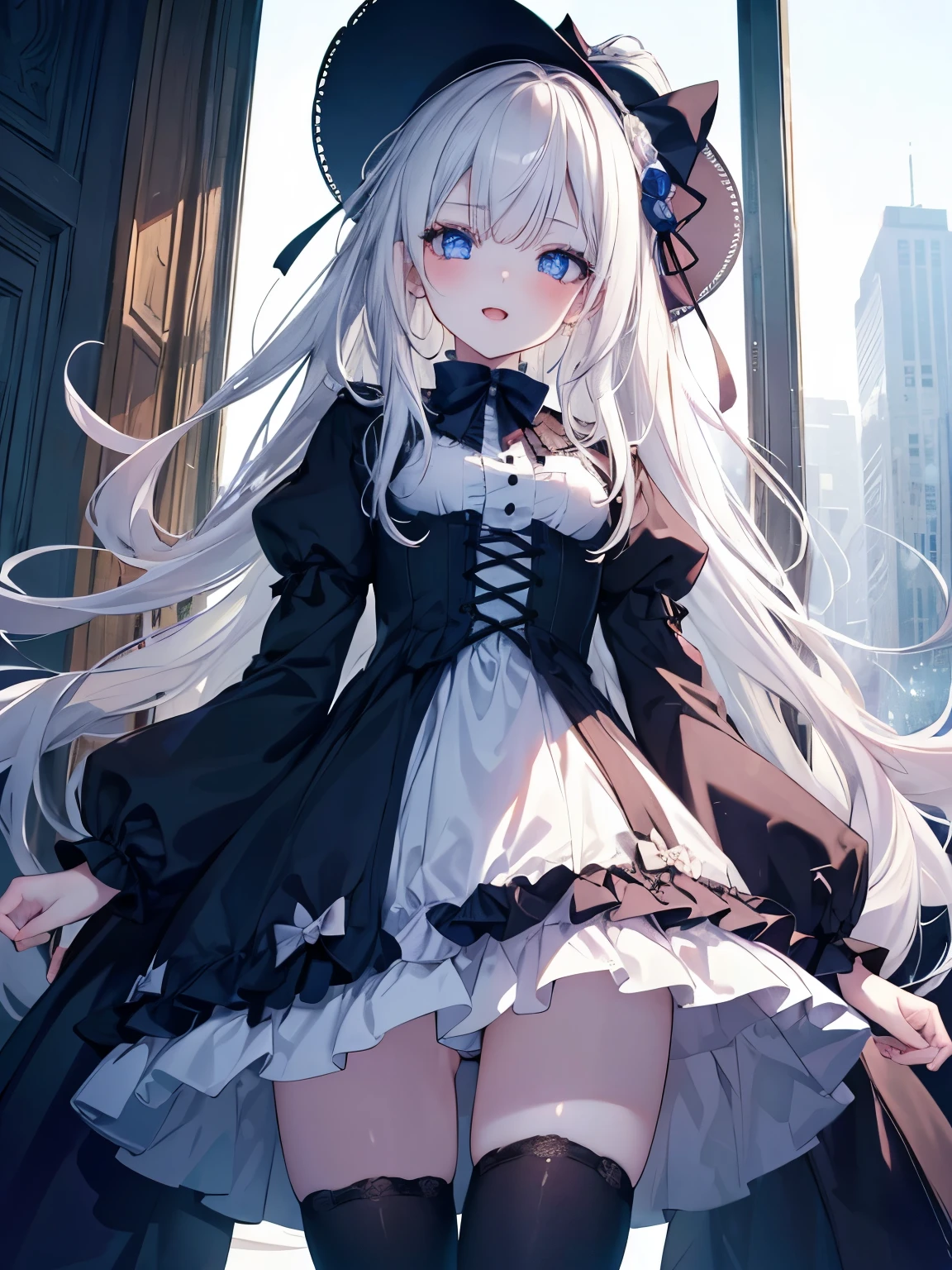 Masutepiece, Highest Quality, (Perfect face:1.1), (high detailing:1.1), (ultradetailed eyes),Dramatic,superfine illustration,Extremely detailed,1girl in,ager,(pale skin),long white hair,Ethereal eyes,Simple eyes,empty eyes,Blue eyes,blush,Solo,Smile,Happy,Laugh,Enjoy, Open mouth,Pouty lips,Cinematic lighting, Looking at Viewer, Cowboy Shot, looking up,Long sleeve,Gothic lolifrilld,bow ribbon,knee high socks