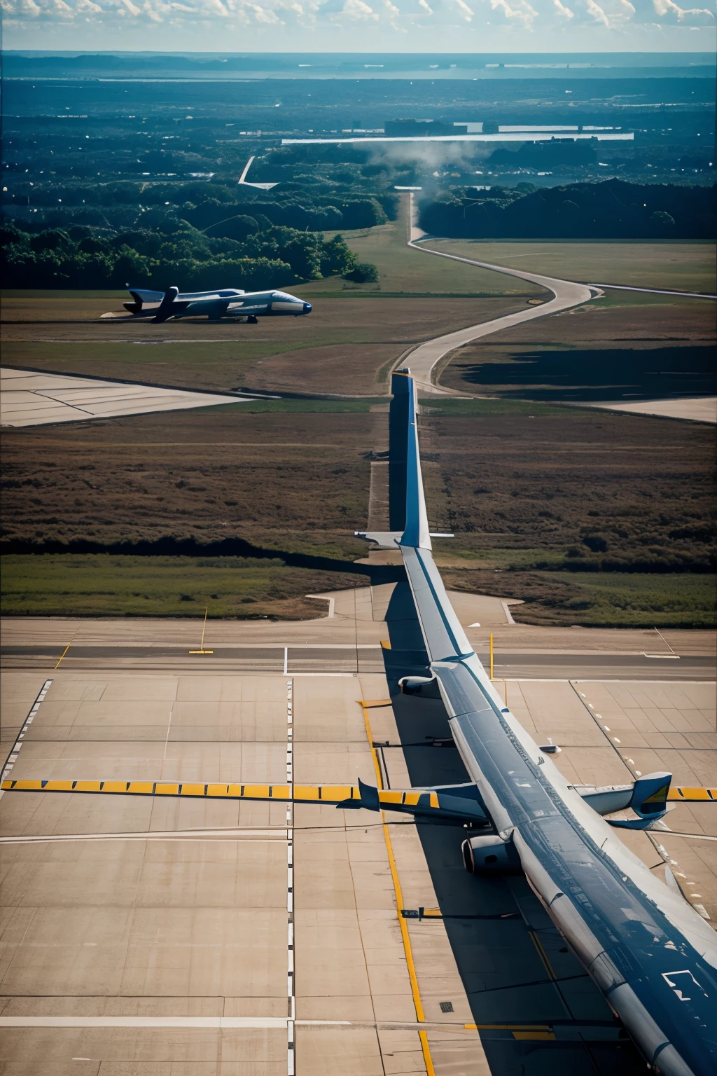 view from window of airplane taking off on runway