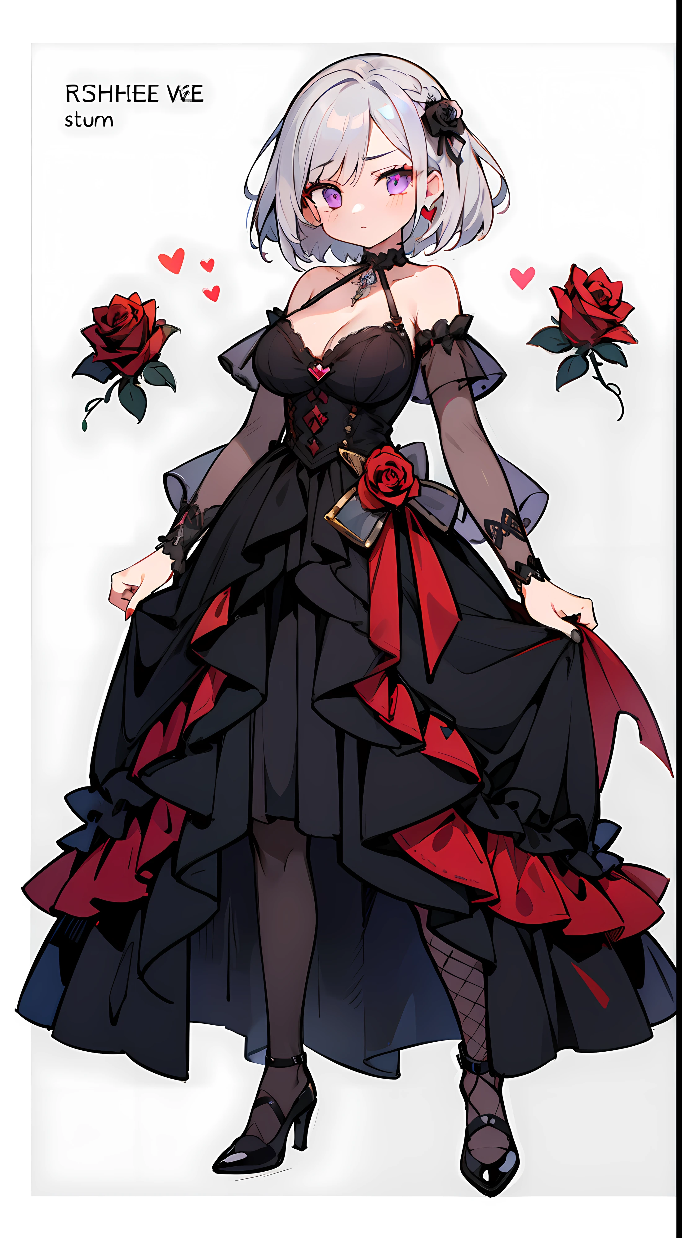 1 Girl, whole body, role conception, Silver Braid Short Hair, Purple Eyes, Eyes are the heart, Black Goth Lolit Ruffle Dress, Black necklace with red gemstones, Cana, plump big breasts, Fishnet stockings, high quality, Wide-angle lens, Detailed background of a castle filled with roses, With a straight face,No Expression