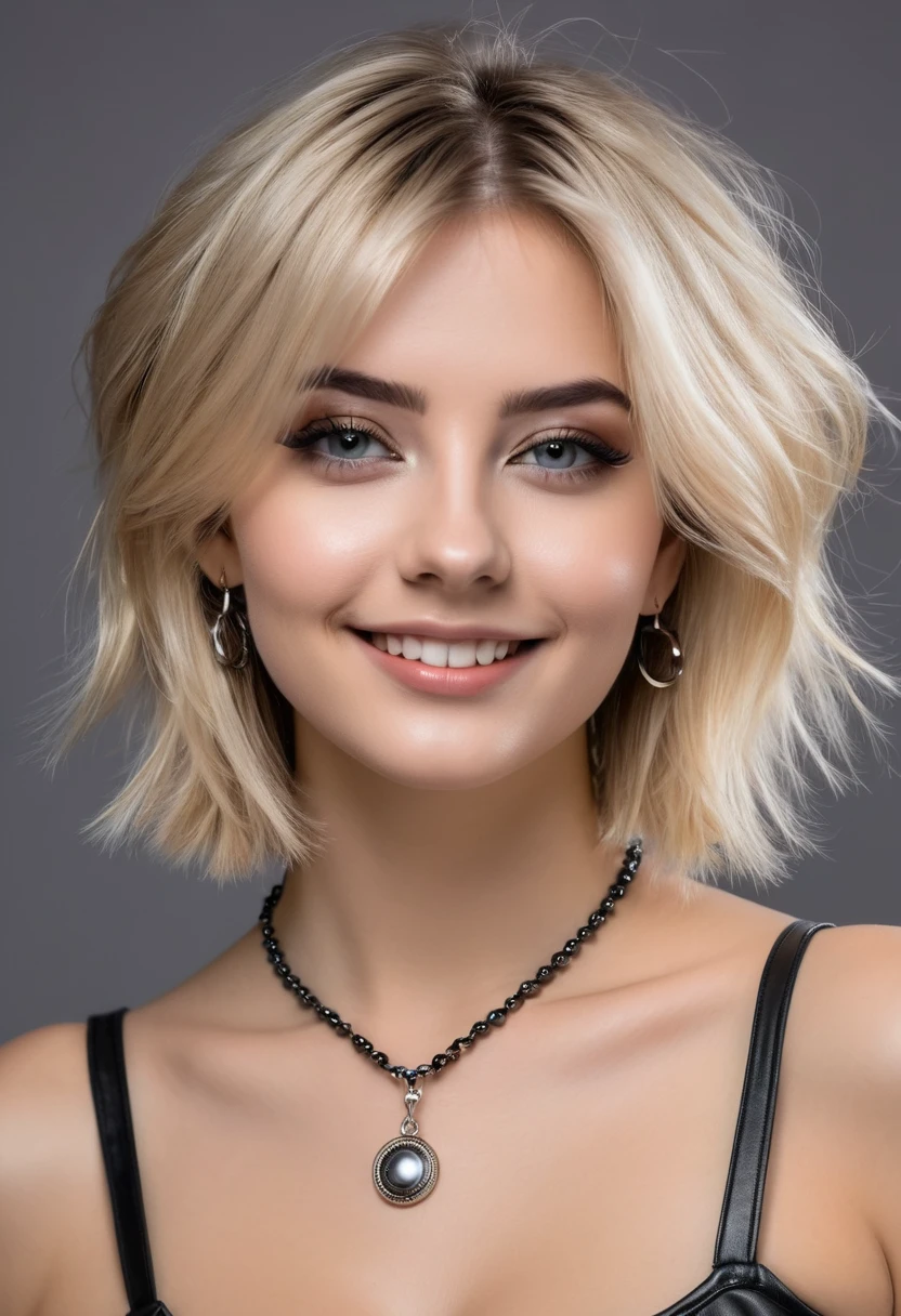 hyperrealistic beautiful busty 18-year-old women in shiny sleeveless top and leather leggins, model shooting full body photography, dyed platin-blonde short messy bob, dark eye makeup with eyeliner, seductive smile, small necklace and earrings, 8K, best quality, Meisterwerk, ultra high resolution, (Realismus: 1.4), Originalfoto, (realistische Hautstruktur: 1.3), (Filmkorn: 1.3), (Selfie-Winkel), 1 girl, Beautiful round eyes and facial details, Meisterwerk, best quality