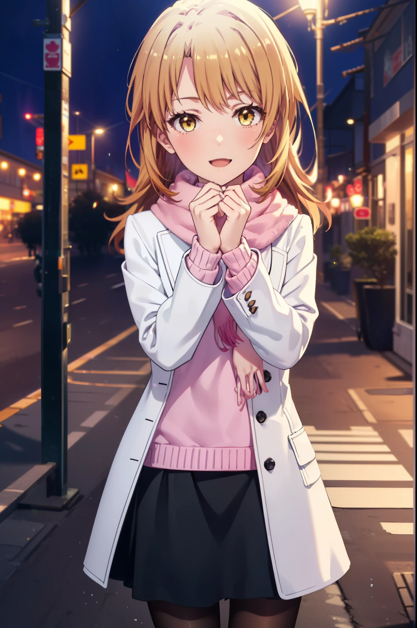 irohaisshiki, Iroha Isshiki, Long Hair, Brown Hair, (Brown eyes:1.5), blush,White Breath,happy smile, smile, Open your mouth,Pink coat,White scarf,Tokkuri Sweater,Black pantyhose,Long skirt,Mini Boots,winter,It&#39;s snowing,Snow is falling,night,寒空
break ourdoors, In town,
break looking at viewer,whole body,(Cowboy Shot:1. 5)
break (masterpiece:1.2), highest quality, High resolution, unity 8k wallpaper, (figure:0.8), (Beautiful fine details:1.6), Highly detailed face, Perfect lighting, Highly detailed CG, (Perfect hands, Perfect Anatomy),