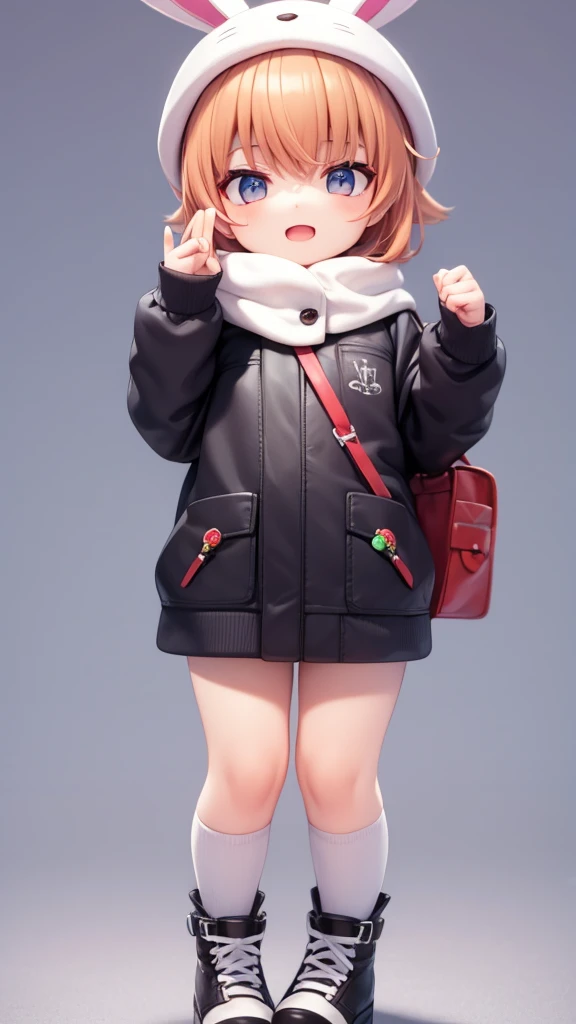 PopMart blind box IP, Chinese zodiac, Super cute boy wearing a bunny shaped hat, Technology elements, Fashionable clothes, Streamlined 3D/C4D production: 8K high-definition picture quality/light/Ultra-fine lens depiction 1.5, Flawless, Chibi Background/Movie Feel.