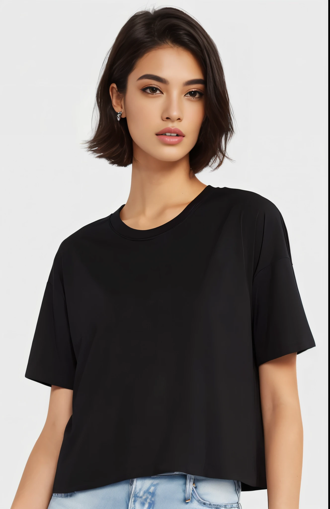 a woman wearing a preto cropped top and jeans, wearing a preto t-shirt, wearing a preto tshirt, wearing preto tshirt, Manga curta, camiseta, preto t shirt, preto top, wearing a preto shirt, preto shirt, casual preto clothing, preto t - shirt, preto t-shirt, topo de colheita, preto clothing, Short neck, overlapping, preto