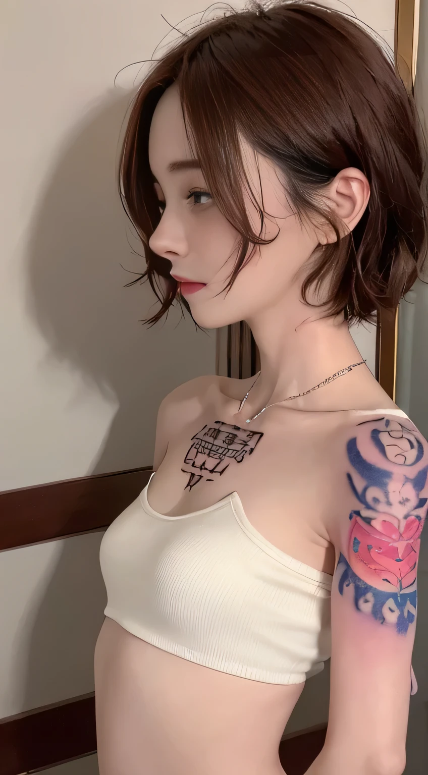((medium sized breast, tomboy girl, small head)),  (Belly chisel : 1.1), (perfect body : 1.1), (short wavy hair : 1.2) , reddish brown hair,big breasts, shirt collar, chain, full body shot, Busy streets, Wear a white tank top.,jeans jacket, (Torn clothes:1.3)((shorts)), (วอลล์เปเปอร์ CG 8k ที่very detailed), (Delicate and extremely beautiful), (Masterpiece), (best quality:1.0), (ultra height:1.0),  beautiful light ,perfect lightning, realistic shadows, [height], Fine skin, very detailed (((colorful))),(All tattoos:1.5),