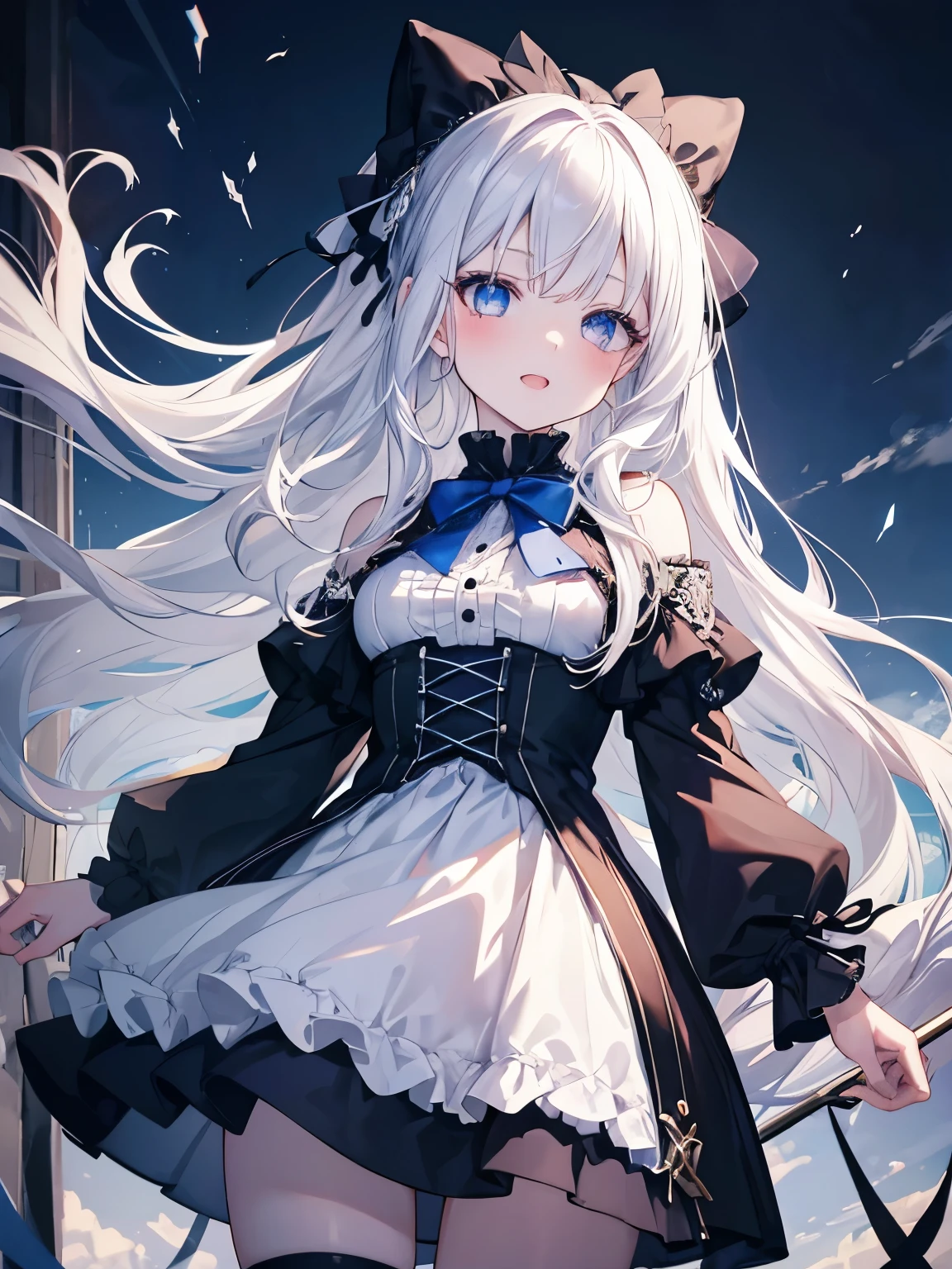 Masutepiece, Highest Quality, (Perfect face:1.1), (high detailing:1.1), (ultradetailed eyes),Dramatic,superfine illustration,Extremely detailed,1girl in,teenager,(pale skin),long white hair,Ethereal eyes,Simple eyes,empty eyes,Blue eyes,blush,Solo,Smile,Happy,Laugh,Enjoy, Open mouth,Pouty lips,Cinematic lighting, Looking at Viewer, Cowboy Shot, looking up,Long sleeve,Gothic lolita, frilld,bow ribbon,knee high socks