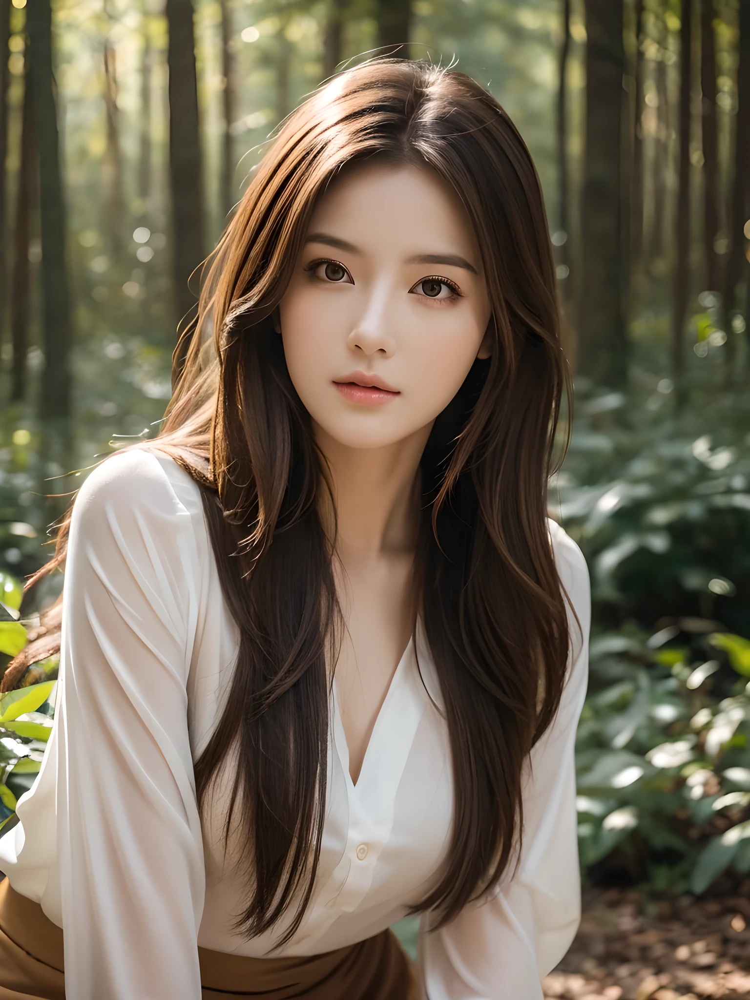 best qualtiy, masterpiece, (realistic:1.6), raw photograph, 1girl, portrait, deep shading, low tune, soft light, looking to the camera, Sexy look, long brown hair, day outdoor, forest background, deers,

