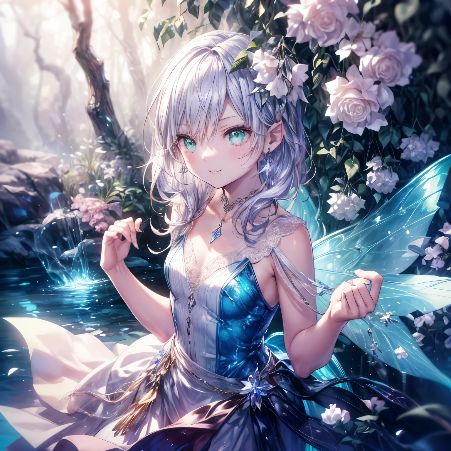 (highest quality, masterpiece, Very detailed, Very detailed, Exquisite, 16k,Full HD),Dramatic lighting, Warm lighting, Soft lighting, Ambient Lighting, ((alone:1.5)),From the side,White Background,From above,((head shot)),Wake up,Lots of flowers,The whole screen is surrounded by flowers.,in the forest,(Crystal Forest),(Fairy Princess, Green Eyes, Long eyelashes,White skin,slim,Pale pink lips,Pale pink cheeks, Light purple hair,thin and long,(thin and high nose,Small Nose),(腰の少しFrom above巨大な妖精の羽),Diamond Tiara,Diamond Earrings,Diamond Choker,White ball gown dress with diamonds, Lace and frills,(Laughter), (Fantasy, Romantic atmosphere), Magic Light,
