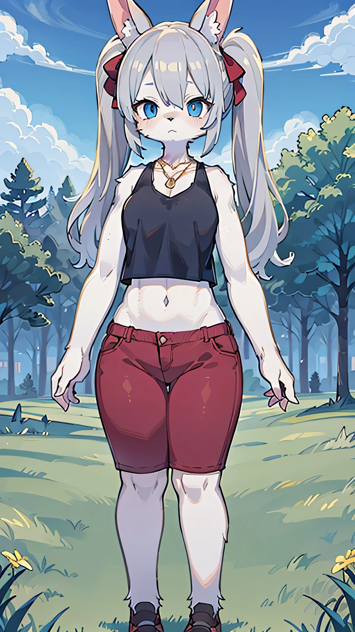 (masterpiece, highest quality), Intricate details, 8k, Red rabbit ears, whole body, One Woman, blue eyes, Slim figure, grassland, anime, Tall, Gray Hair, Red trousers, white furry, In the middle, Expressionless, Gold Necklace, Twin tails, Are standing, stomach, Black tank top,