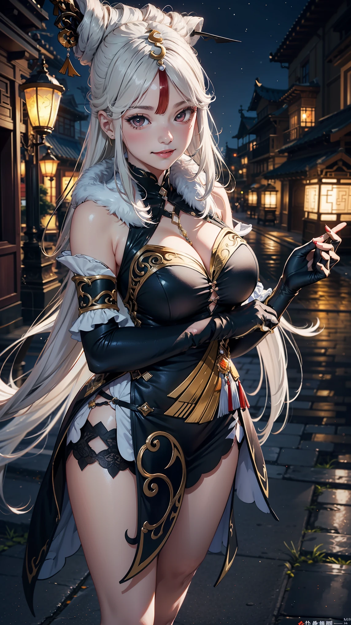 cleavage,Masterpiece, high quality, 8k,detailed body, ultra detailed, detailed face, standing, blush, bright eye, outdoors, (detail face), ningguangdef, (big breasts),(night), half body, smile,