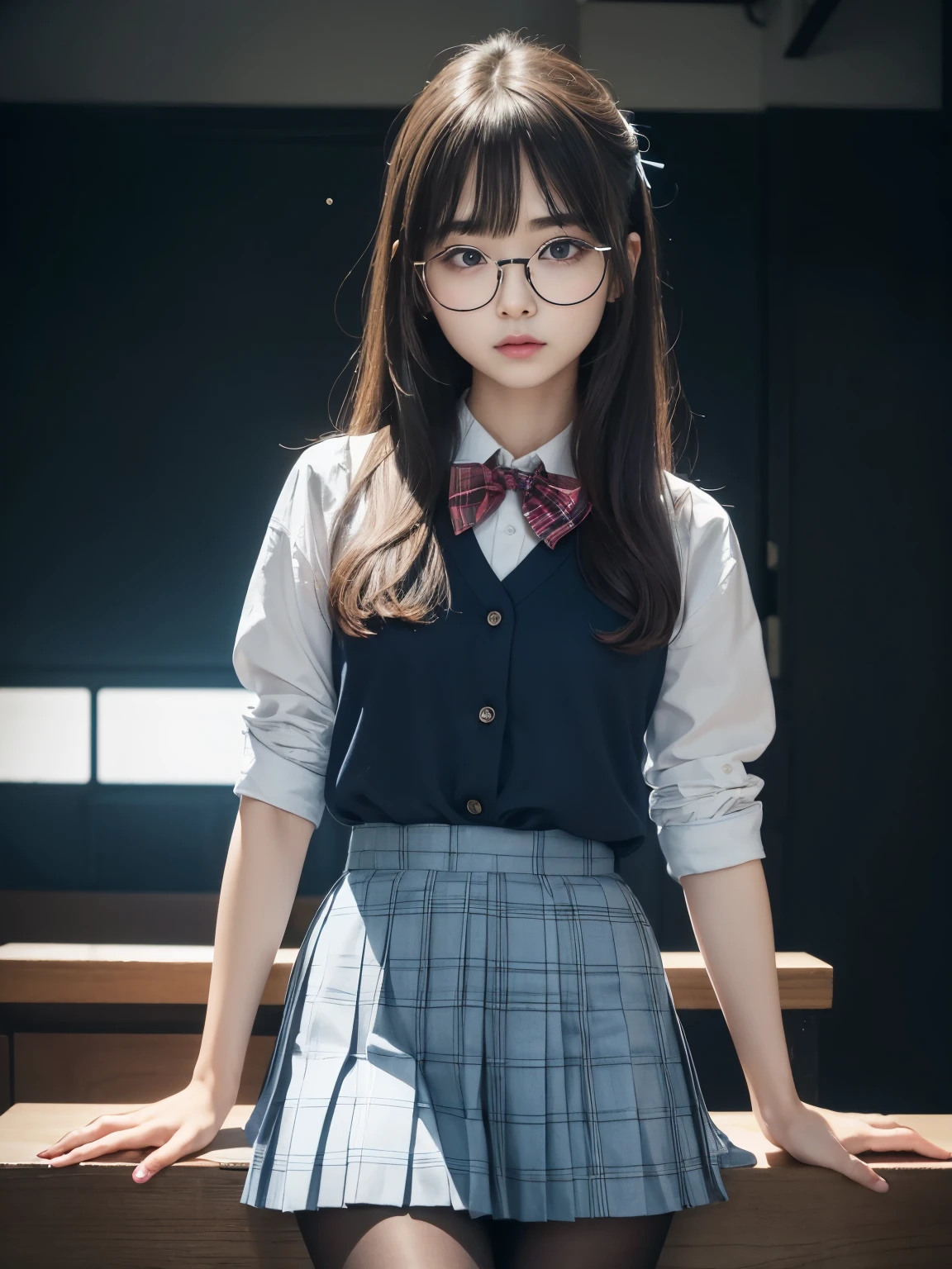 (I can see your underwear),(8K、Writing、Highest quality、masterpiece:1.2)、Chromo - White skin,Saucy,School,Watching the audience,Looking at the front,Erotic,((Black Pantyhose)),Disorganized,Small face,,Flat chest,前hairを真ん中から分けて、The forehead is visible,(Cold look,Tight eyes,Glare,strong,Are thin,anger)、masterpiece,Highest quality、Ultra-high resolution、Writing真、Benevolence、beautiful shit、one person、solo、Glasses、Dark Look、Small breasts、丸Glasses、JK、high school girl、Japanese women、Are standing、(PhotoReactive:1.37)、Photon Mapping、Real、Beauty、Cute face、Brown eyes、Black socks、(Red bow tie)、Radio City、Physically Based Rendering、Depth of written boundary、Blurred Background、image、body、Beautiful feet、Long legs、Thin legs、(前hairが見える)、hair、lips、Blue_The目、nose、(Light blue shirt)、(Navy, blue and white plaid pleated skirt)、I can see your knees、See-through clothing、Thighs、black cotton socks、Nogizaka Idol、、Japanese Ido