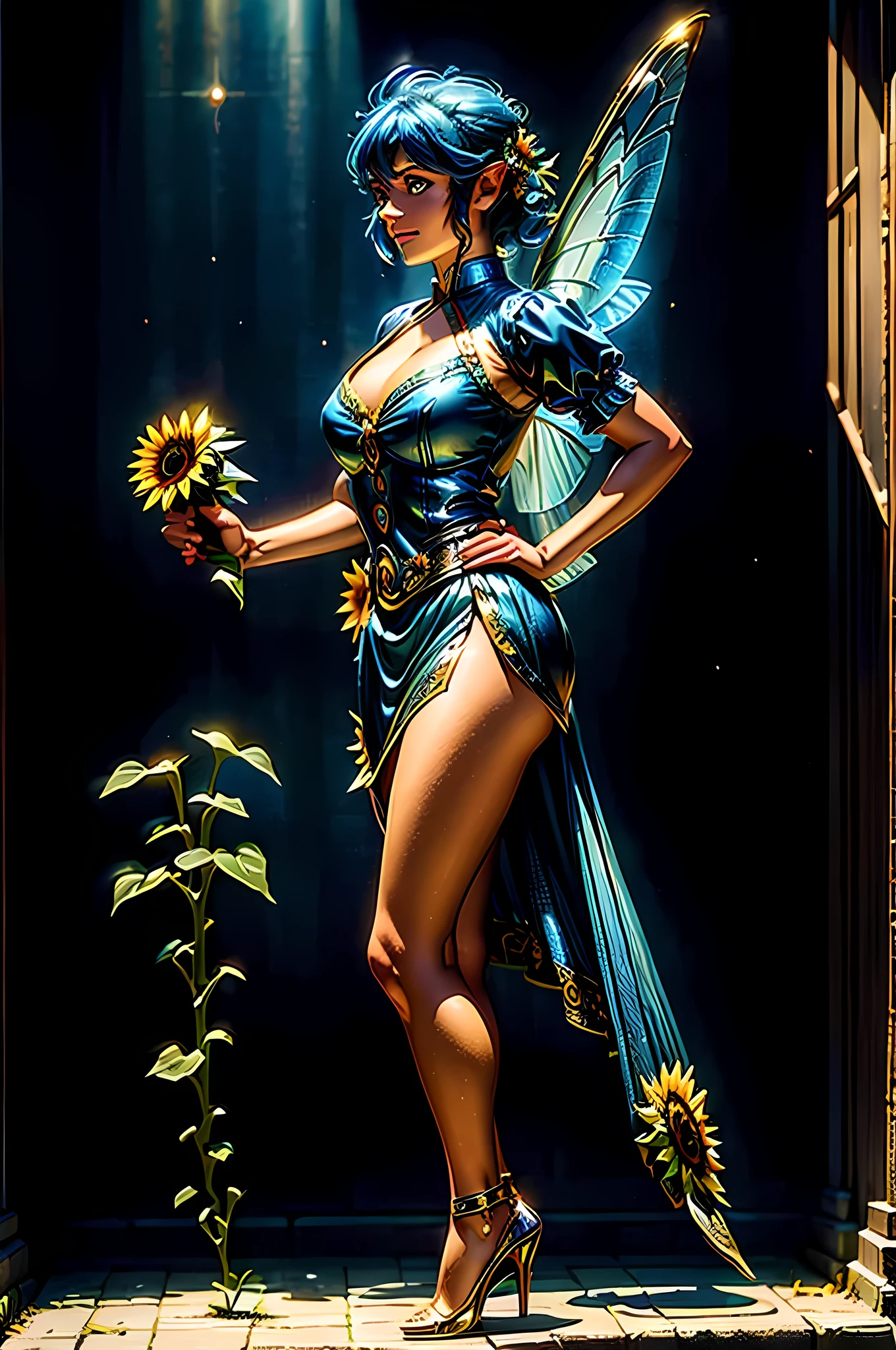 high details, best quality, 16k, RAW, [best detailed], masterpiece, best quality, (extremely detailed), GlowingRunes_paleblue, full body, ultra wide shot, photorealistic, fantasy art, RPG art, D&D art, a picture of a fairy selling flowers in a florist shop, extremely beautiful fairy, ultra feminine (intense details, Masterpiece, best quality), (Blue: 1.3) butterfly wings (intense details, Masterpiece, best quality), blue and white wings (intense details, Masterpiece, best quality),  azure hair, pixie cut hair, shinning hair, flowing hair, shy smile, innocent smile, blue eyes, wearing bright blue skirt, dynamic elegant shirt, chocker, wearing high heels, in flower shop (intense details, Masterpiece, best quality), extreme many (sunflowers: 1.3) (intense details, Masterpiece, best quality), sunflower shop in a modern era street, High Detail, Ultra High Quality, High Resolution, 16K Resolution, Ultra HD Pictures, Ultra Realistic, Clear Details, Realistic Detail, Ultra High Definition, Big Fairy Wings