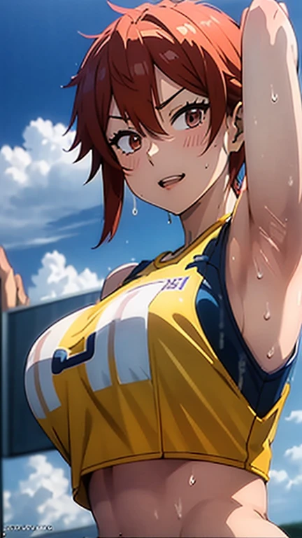 a close up of a person wearing a basketball uniform, a picture, inspired by Kentaro Miura, trending on pixiv, wearing yellow nba jersey, yellow croptop nba jersey, wearing a low cut croptop, wearing croptop, croptop, written "Lakers" on the croptop, golden raito, (winking), shirobako, large)}], favorite scene, fine details. anime. skins, sweating, big breasts, both hands raised, armpits, armpits visible, dripping with sweat, more more sweat, sweaty armpits.