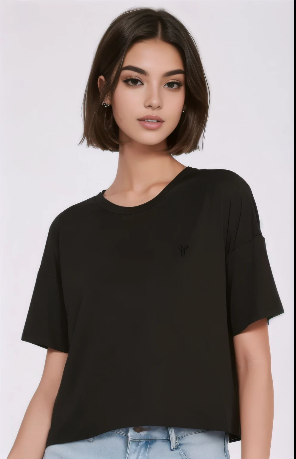 a woman wearing a preto cropped top and jeans, wearing a preto t-shirt, wearing a preto tshirt, wearing preto tshirt, Manga curta, camiseta, preto t shirt, preto top, wearing a preto shirt, preto shirt, casual preto clothing, preto t - shirt, preto t-shirt, topo de colheita, preto clothing, Short neck, overlapping, preto