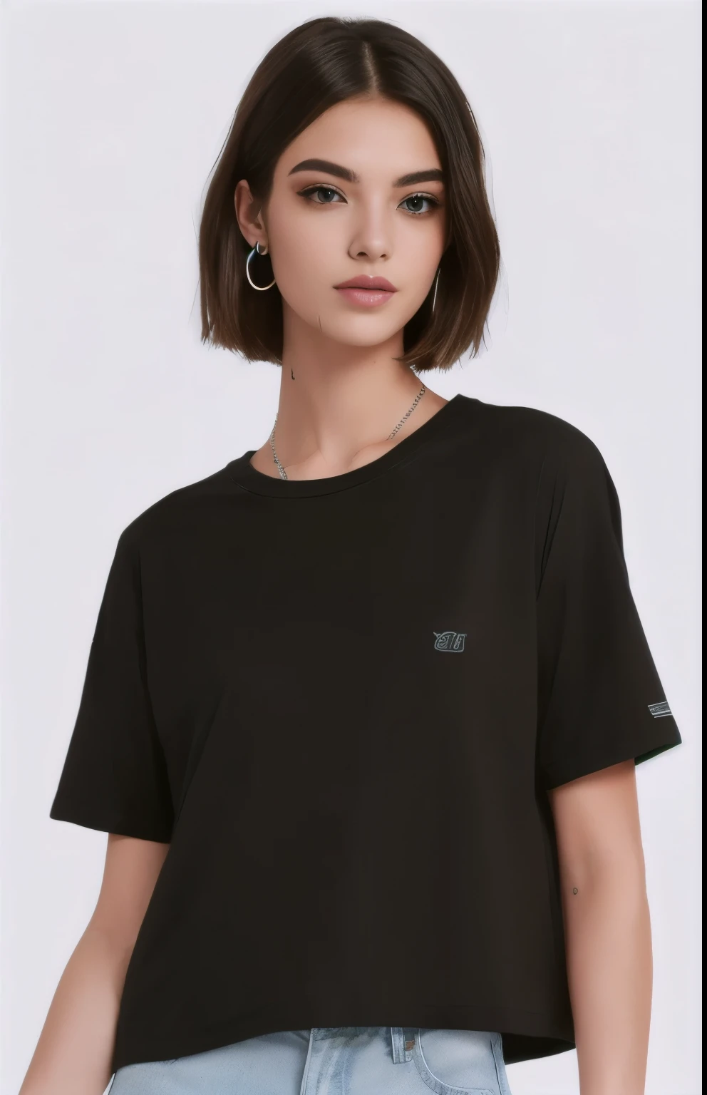 a woman in a (((camiseta T-shirt preta and black skirt))) posing for a picture, camiseta preta, vestindo camiseta preta, casual roupa preta, camisa preta, wearing a Camiseta preta, vestindo uma camiseta preta, camiseta preta, Camiseta preta, wearing a camisa preta, roupa preta, Roupas pretas, wearing in Roupas pretas, roupas pretas grandes, Top preto