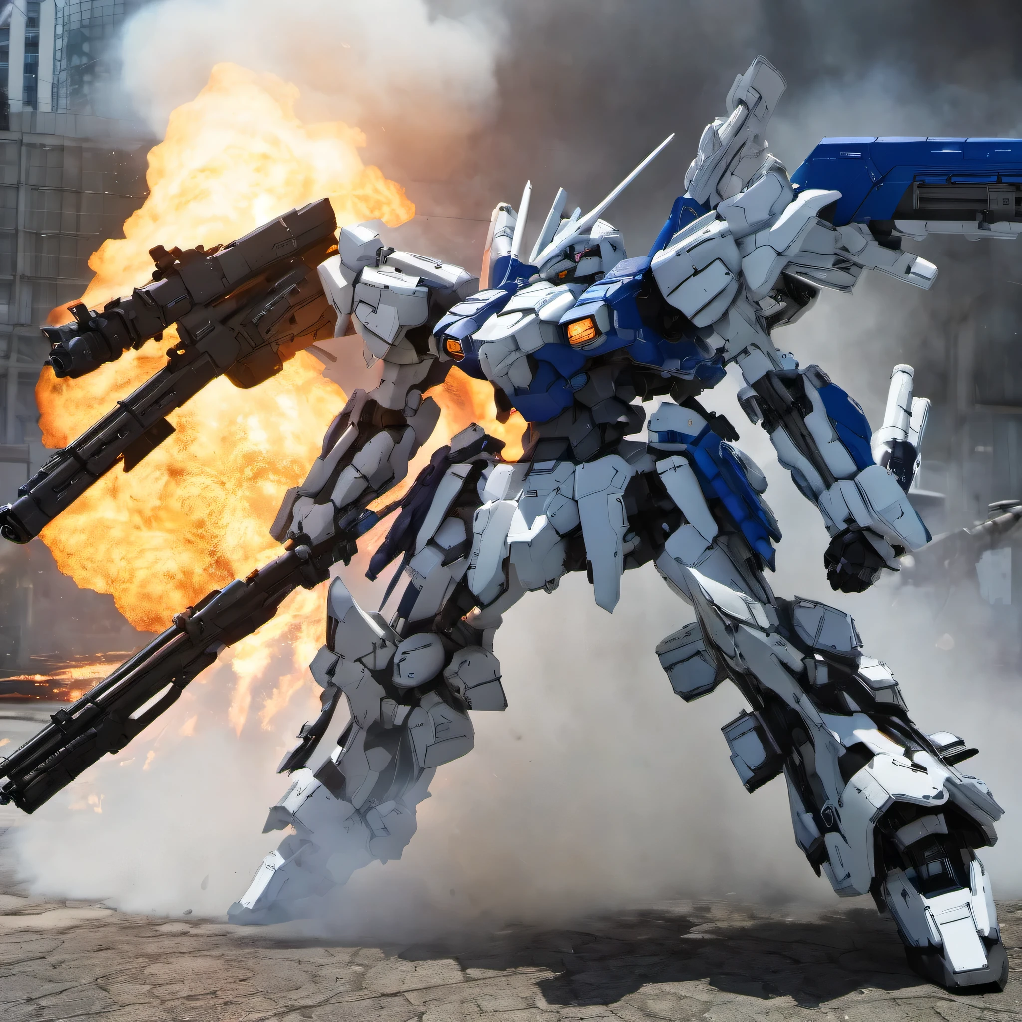 mecha-back-unit, fighting stance, battlefield, smoke, explosion, fire, rifle, war, armored core style,