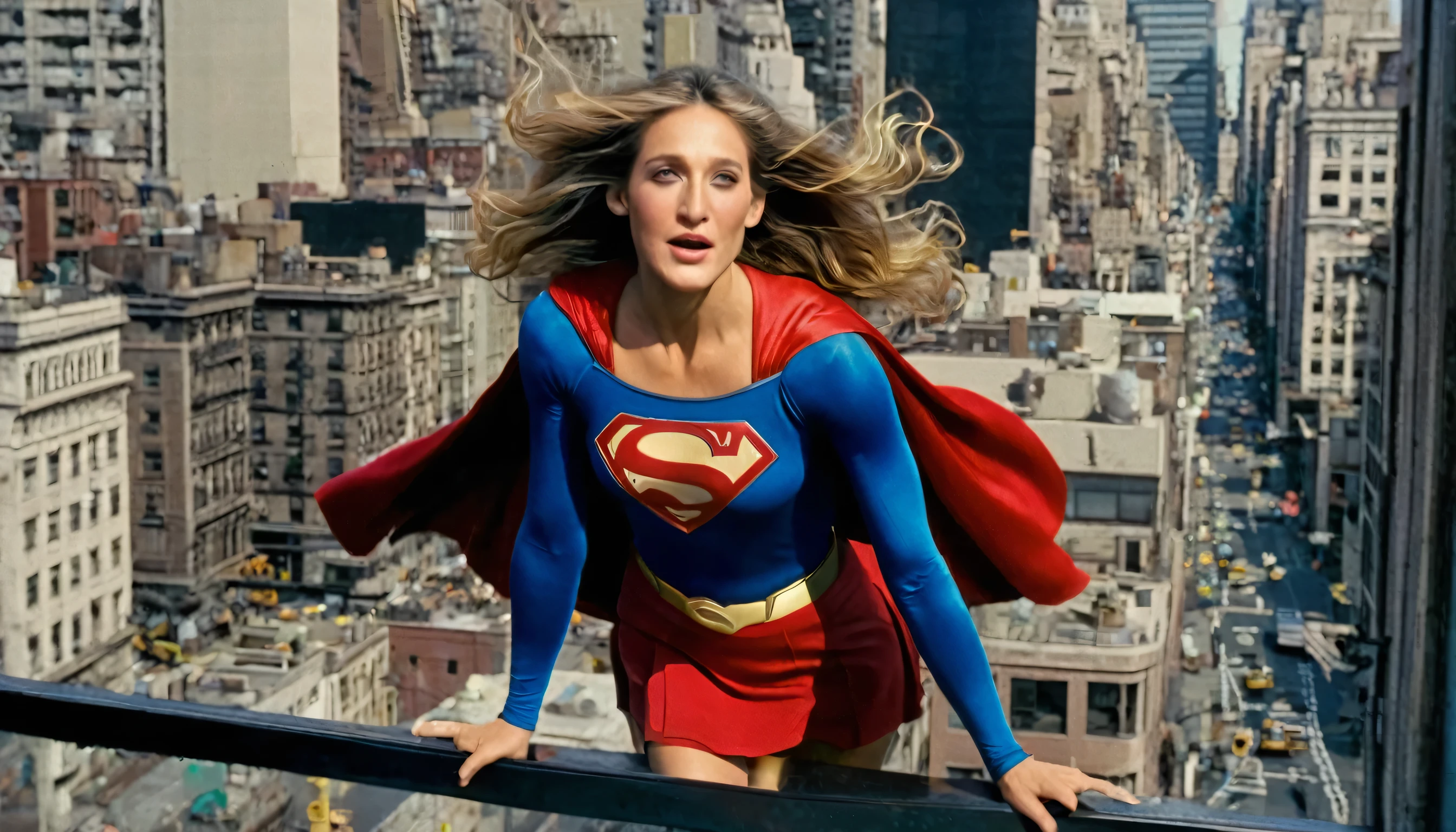 New York City; best possible quality; 1 mulher correndo pela rua; Foto tirada |do outro lado da rua , de baixo para cima por Paparazzi, Sarah Jessica Parker 1980 Superwoman (((Filme Supergirl 1984))) correndo rapidamente pela rua, view from distance (((Photo taken from a building window))), perto da cloudelhor qualidade,4k,8k,alto,master part:1.2) (((Filme Supergirl 1984)))suspenso no ar, corpo inteiro, Close-up, de baixo.