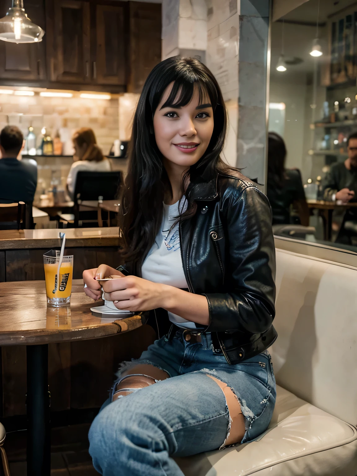 ((best quality)), ((masterpiece)), (detailed), perfect face tall skinny smiling Bettie Page wearing blue jeans, leather jacket and a white shirt sitting down on a chair alone in a cafe at night shot on kodak 400,The image, realistic hyper-detailed photo captured in stunning Ultra HD, 8k resolution, Nikon D850, — style raw — c 10 — ar 2:3 — s 250V


