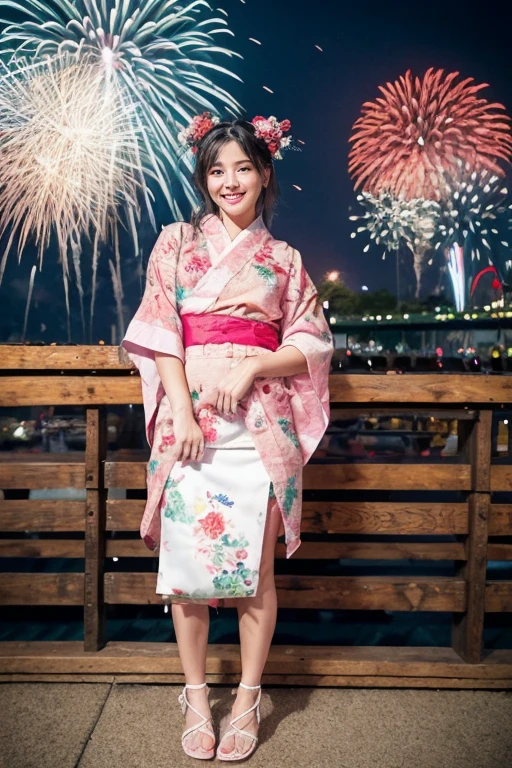 ((highest quality)), ((masterpiece)), (detailed), Perfect Face,One girl, wearing Pink kimono, Length 35cm above the knee、kimono,Pink kimono, Floral print, The audience watching,close,from_front:1.2,festival, yukata, Traditional Costume, Hair Ribbon, Sandals, Outdoor, Cityscape, smile,night, Colorful fireworks background,lanthanum, Colorful fireworks bursting into the sky:1.6, summer, Japanese Culture, [Cinema Lighting:0.8],Realistic:1.3, scenery, japanese festival, 街のscenery, Happy, joy, Festive mood. (masterpiece), (highest quality:1.2), Absurd, [:複雑なdetailed:0.2]、Pull down your panties、Skirt flip、No pants、